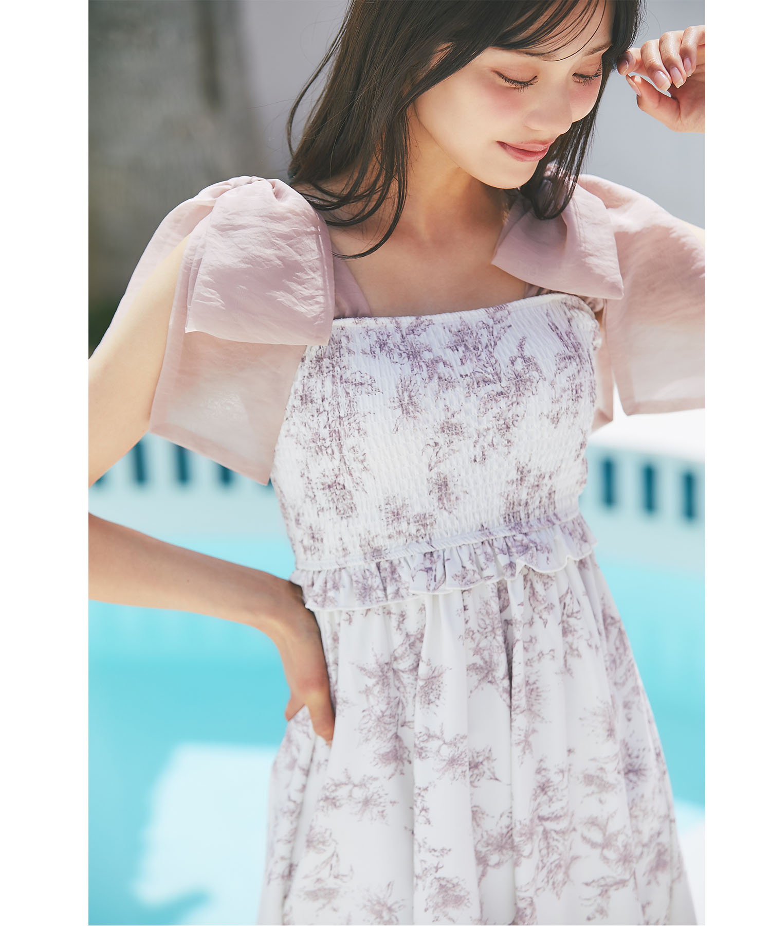 tocco トッコクローゼット　
インナーパンツ付きシフォンリボンフラワープリントワンピース水着