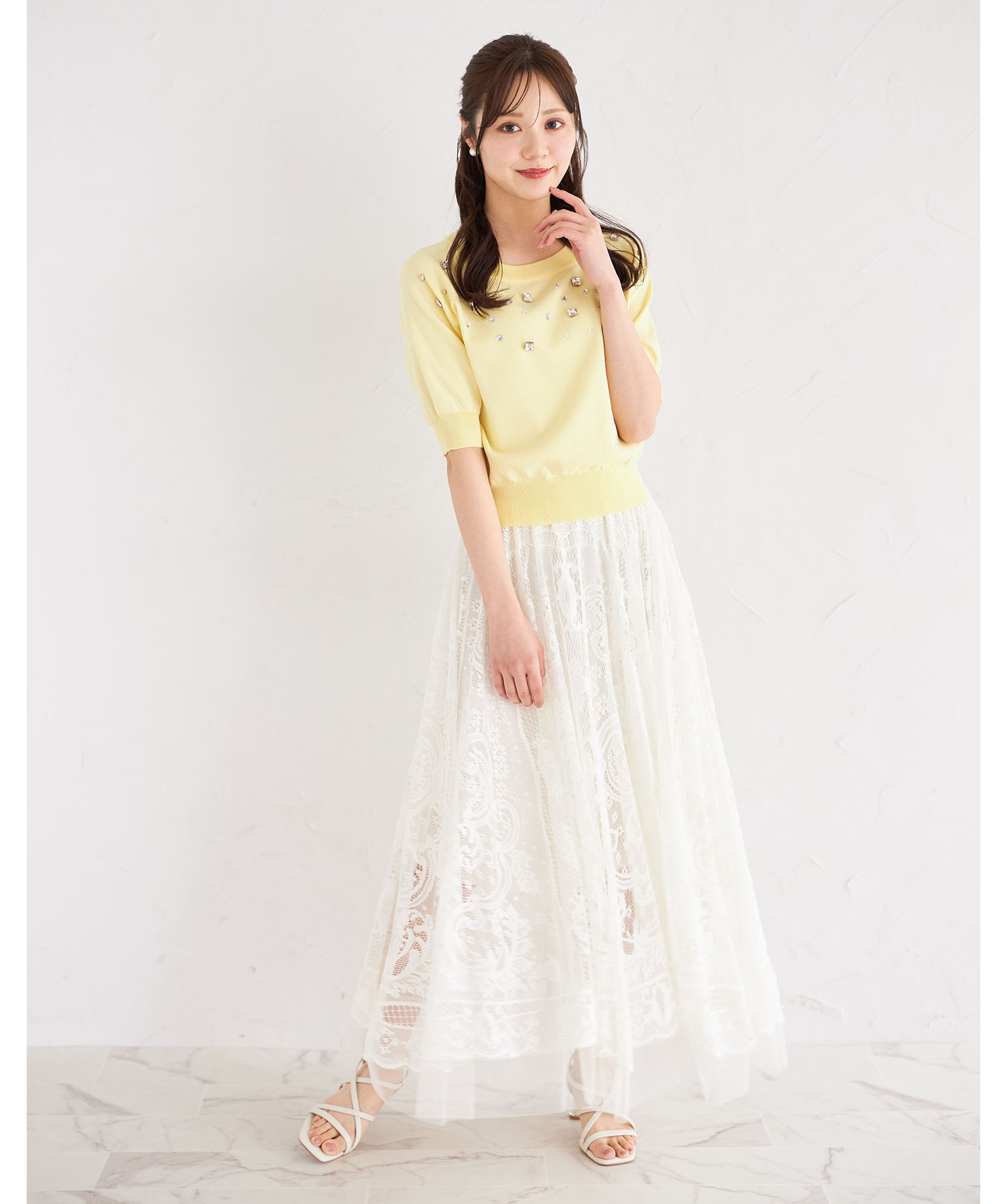 裾ビーズ付きレース×チュールフレアスカート 【melowyn】 tocco closet(トッコクローゼット)＊スペシャルプライス品につき返品/キャンセル/配送日指定不可/ラッピング不可/少量在庫のセールの為交換は出来かねる場合がございます。