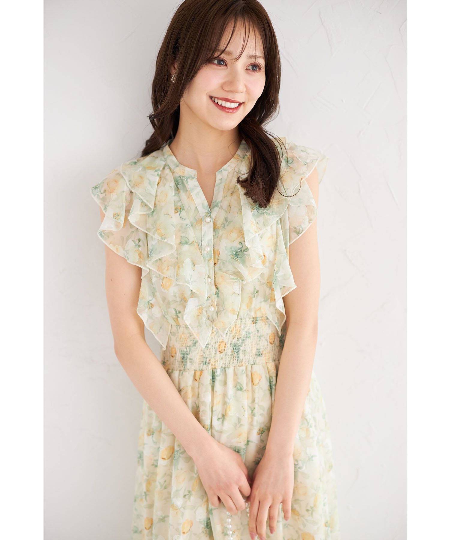 パール釦ラッフルフリルシアージャガード×フラワープリントシャーリングワンピース 7月14日(月)オフィシャルサイト限定再販☆【fallie ファリー】 tocco closet※少量の在庫確保による再販売の為、交換は出来かねる場合がございます。予めご了承ください