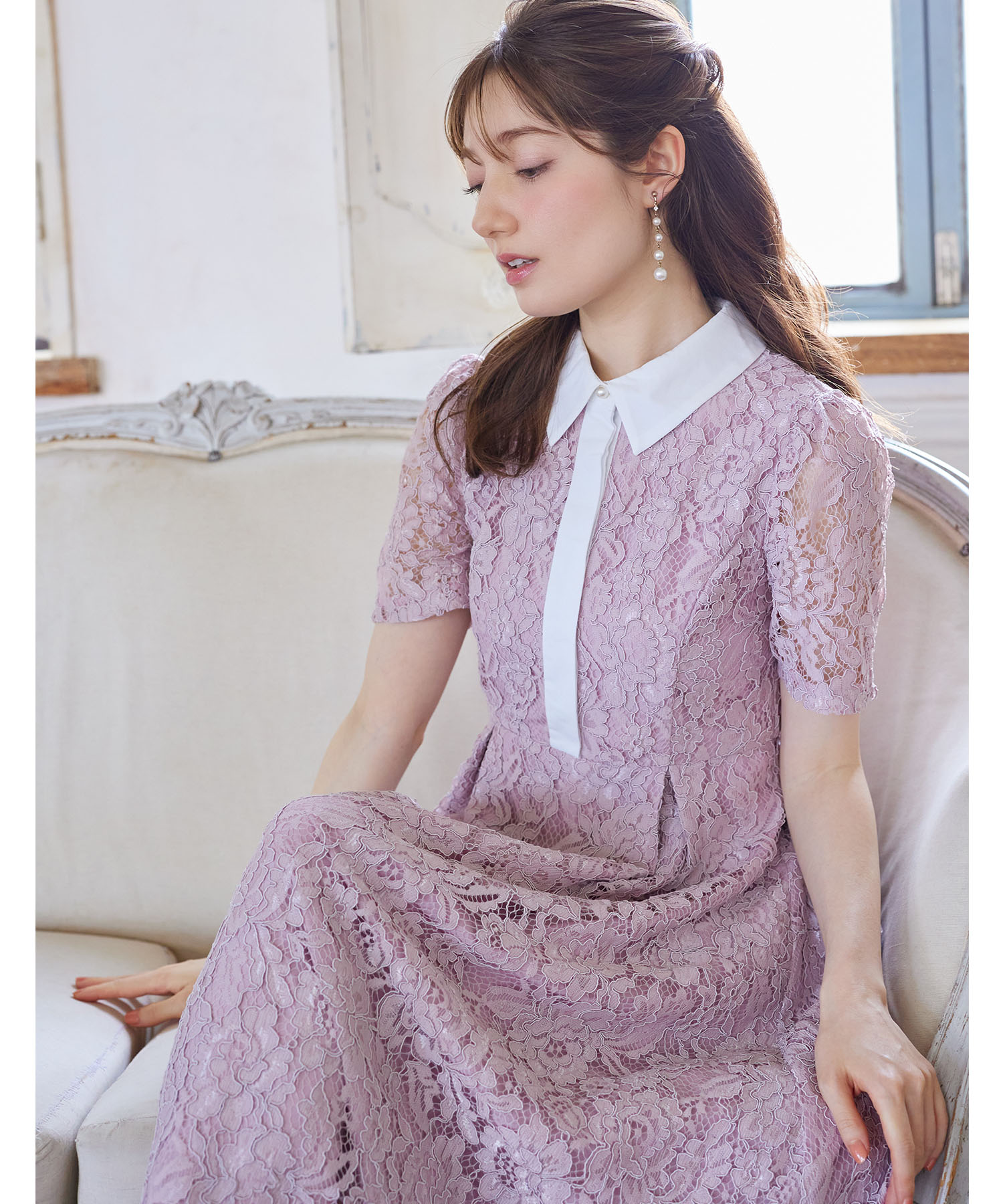 パール釦パネルライン襟付きレースワンピース【manelie マネリー】 tocco closet(トッコクローゼット)《More Elegant》