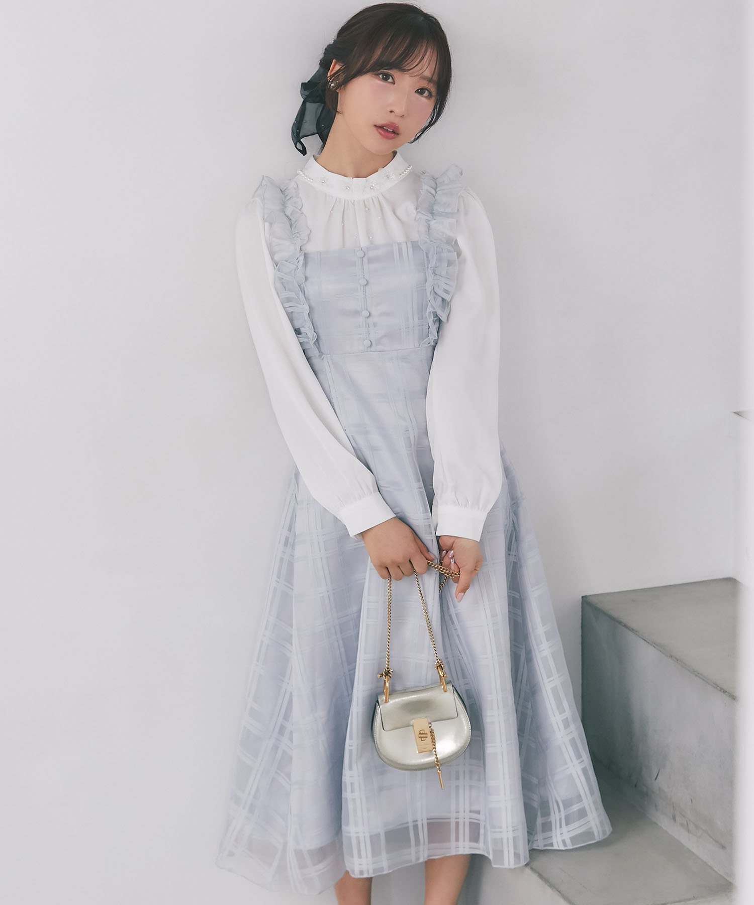 tocco トッコクローゼット　フリル付きバックレースアップシアーチェックワンピース