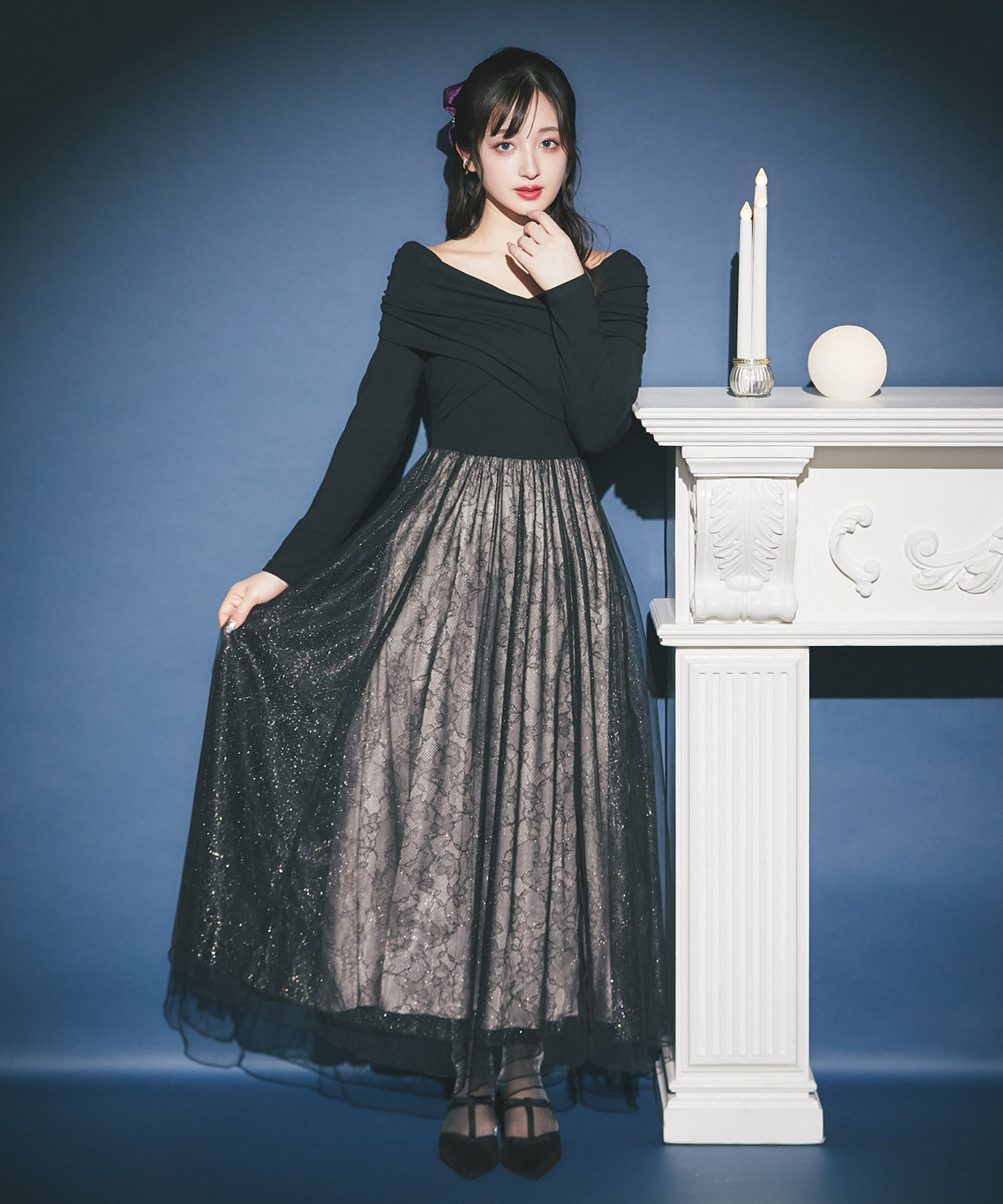 オフショルカットソー×ラメレースドッキングワンピース 10月20日(月)オフィシャルサイト限定再販☆【vorina ヴォリナ】※新希咲乃さんはブラック着用※少量の在庫確保による再販売の為、交換は出来かねる場合がございます。予めご了承ください。