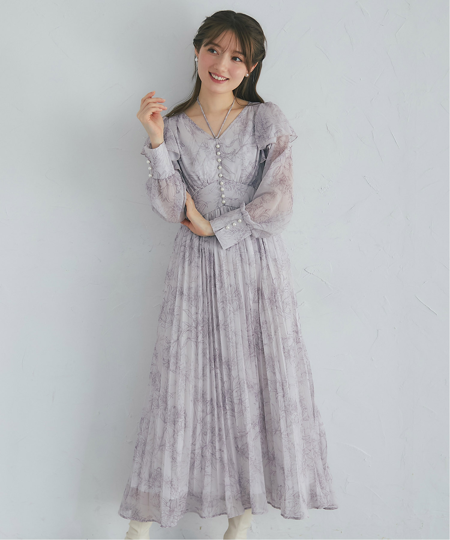 ラインフラワープリントシャーリングプリーツワンピース  tocco closet  ＊スペシャルプライス品につき返品/キャンセル/配送日指定不可/ラッピング不可/少量在庫のセールの為交換は出来かねる場合がございます。