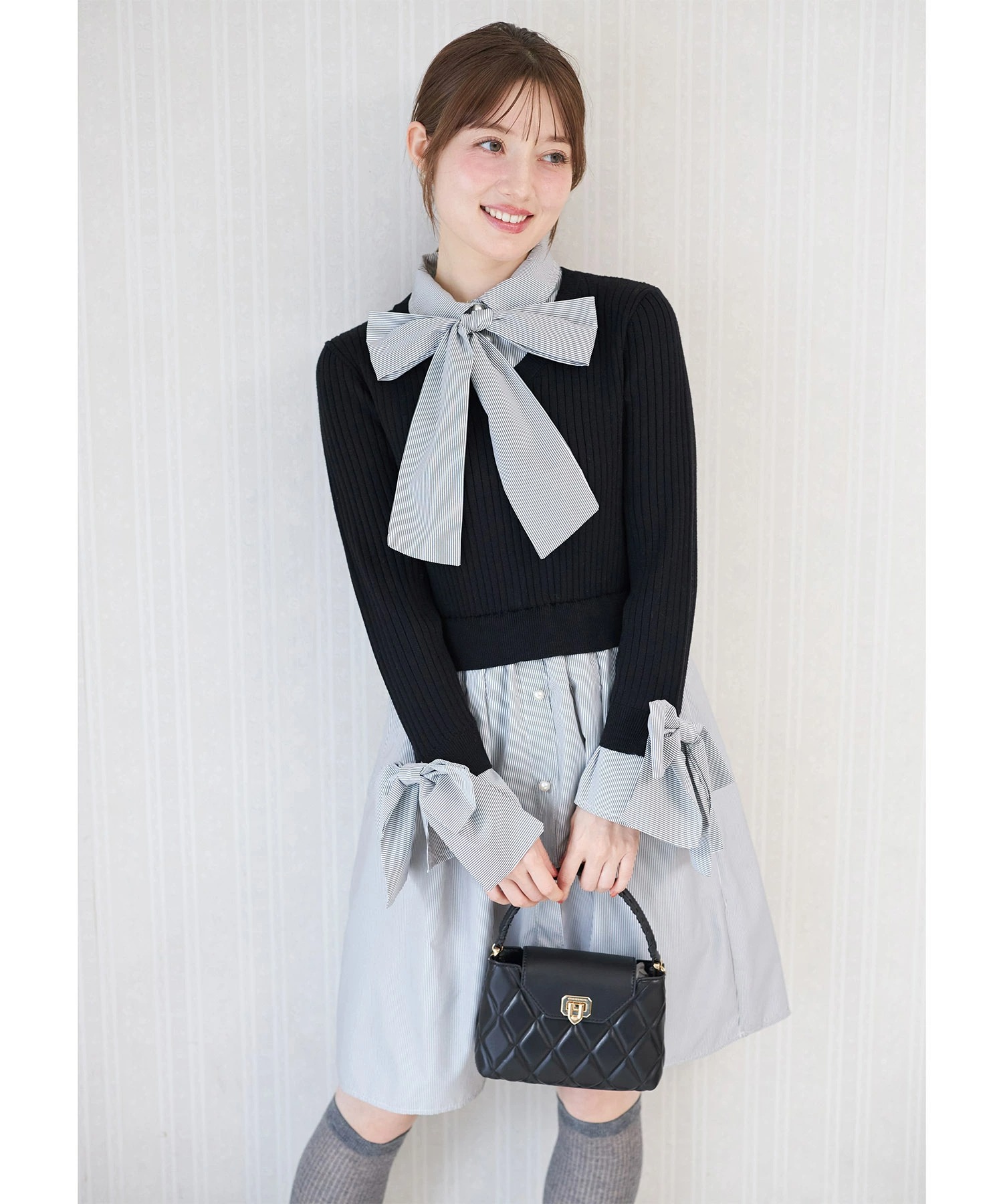 tocco トッコクローゼット　２ＷＡＹボウタイリボン付きニットドッキングシャツワンピース