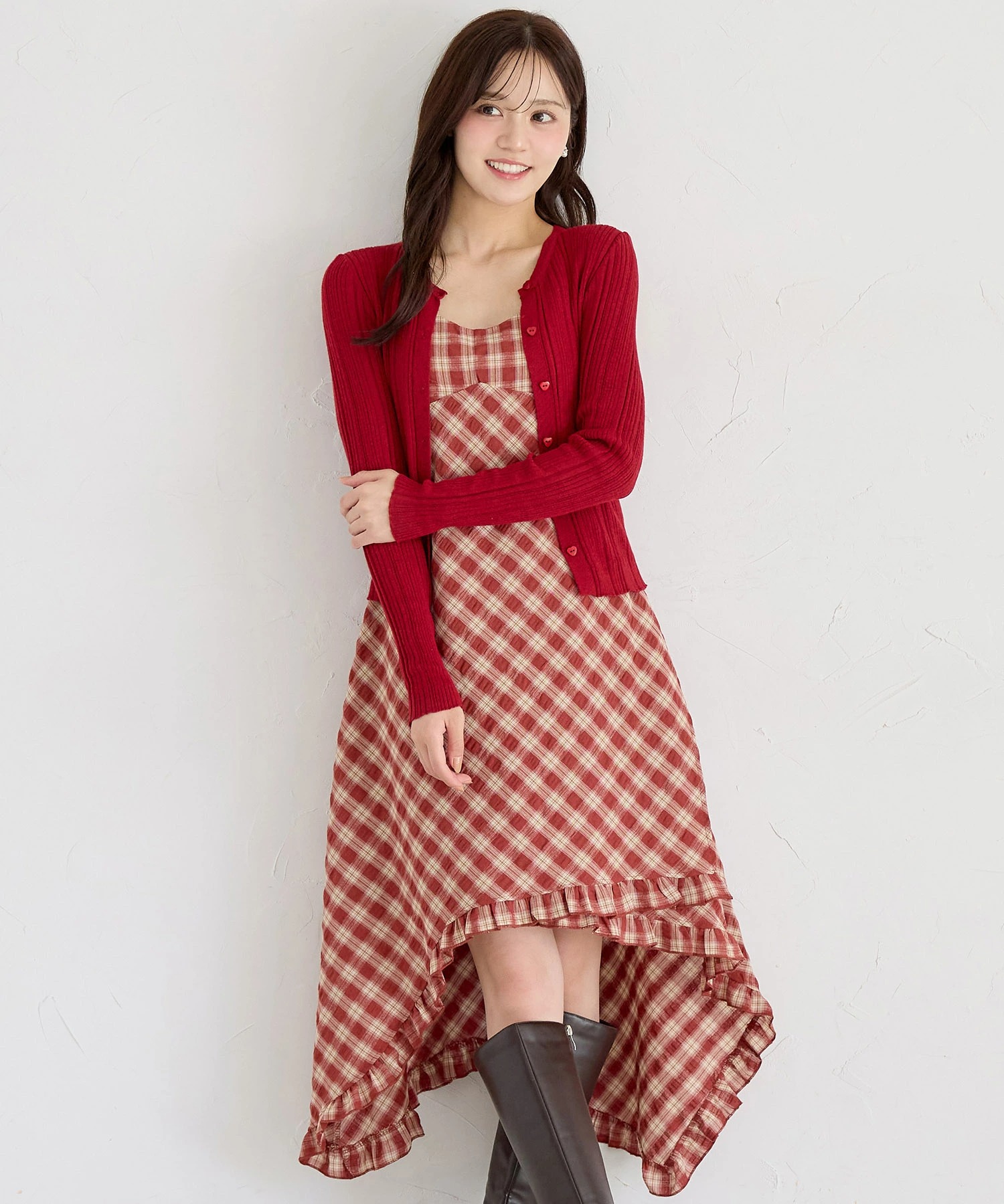 ハート釦リブニットカーディガン×チョーカー付きチェックプリントキャミワンピースセットtocco closet(トッコクローゼット)　※オフィシャルサイト限定