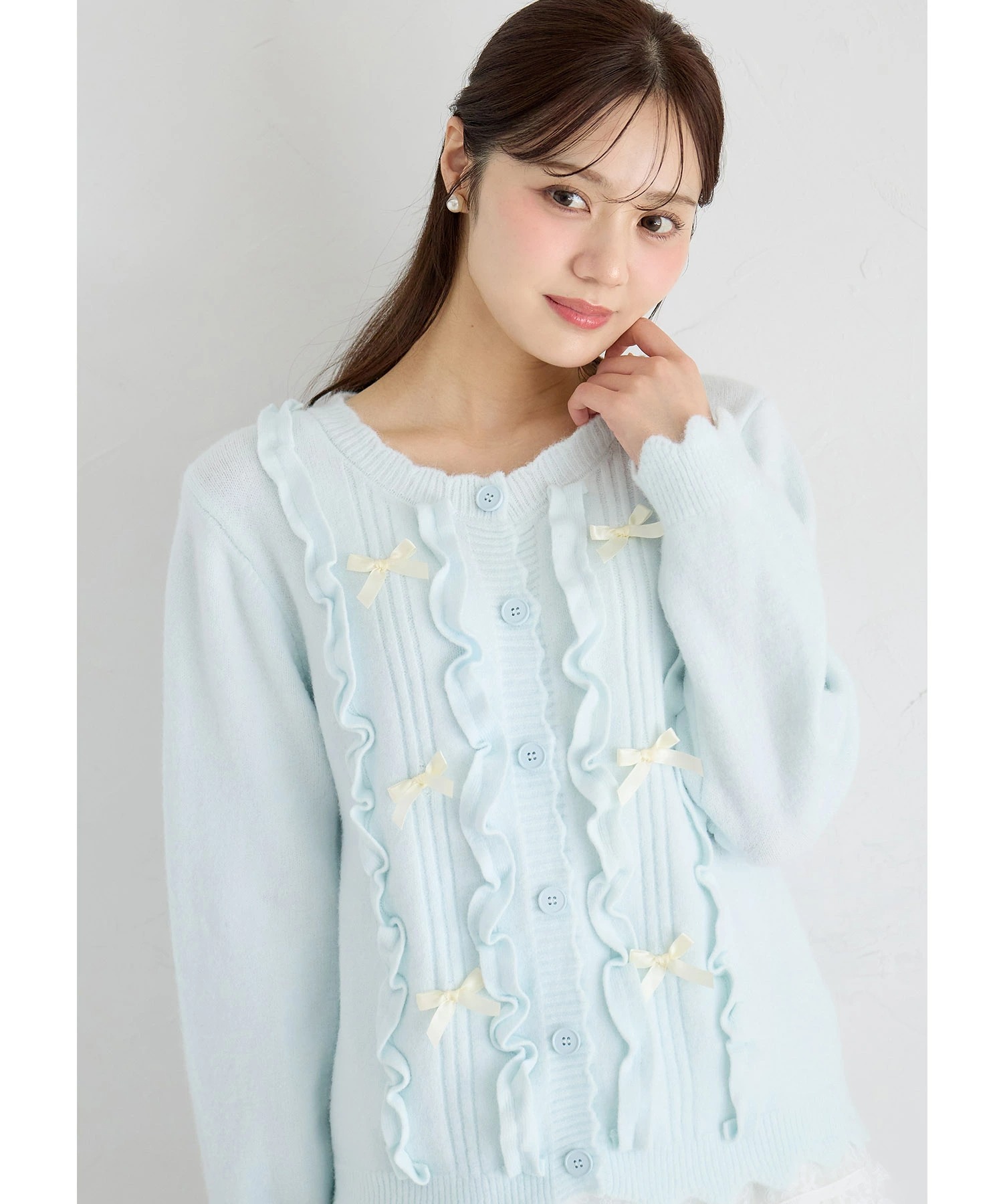 フリル＆リボン付きスカラップカットニットカーディガン tocco closet(トッコクローゼット)※オフィシャルサイト限定