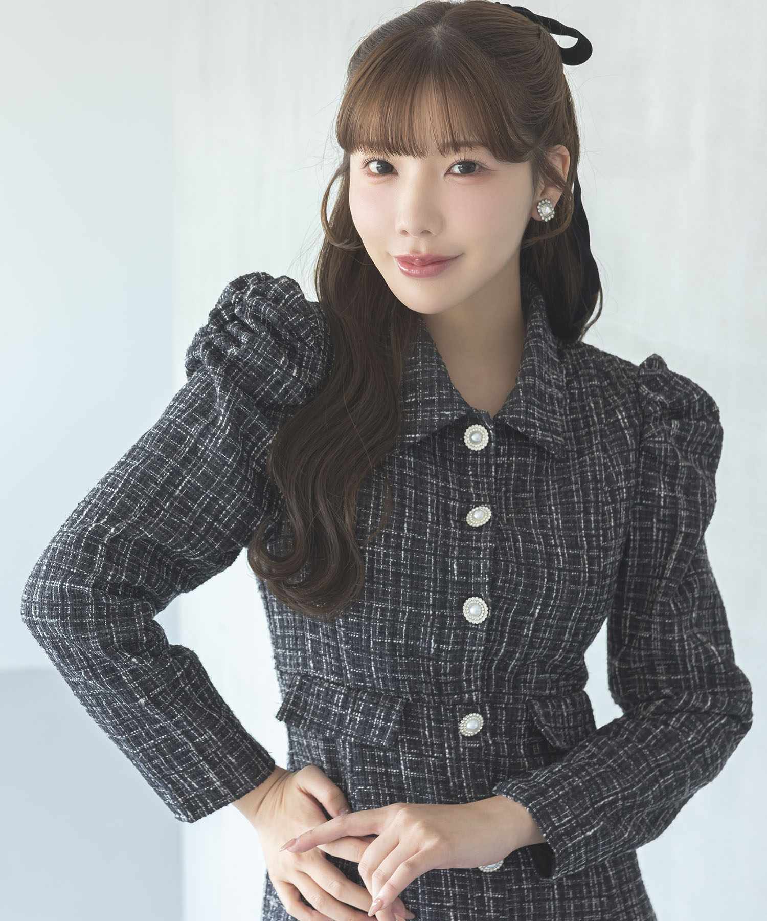 tocco トッコクローゼット　パール釦パワーショルダーツイードシャツワンピース