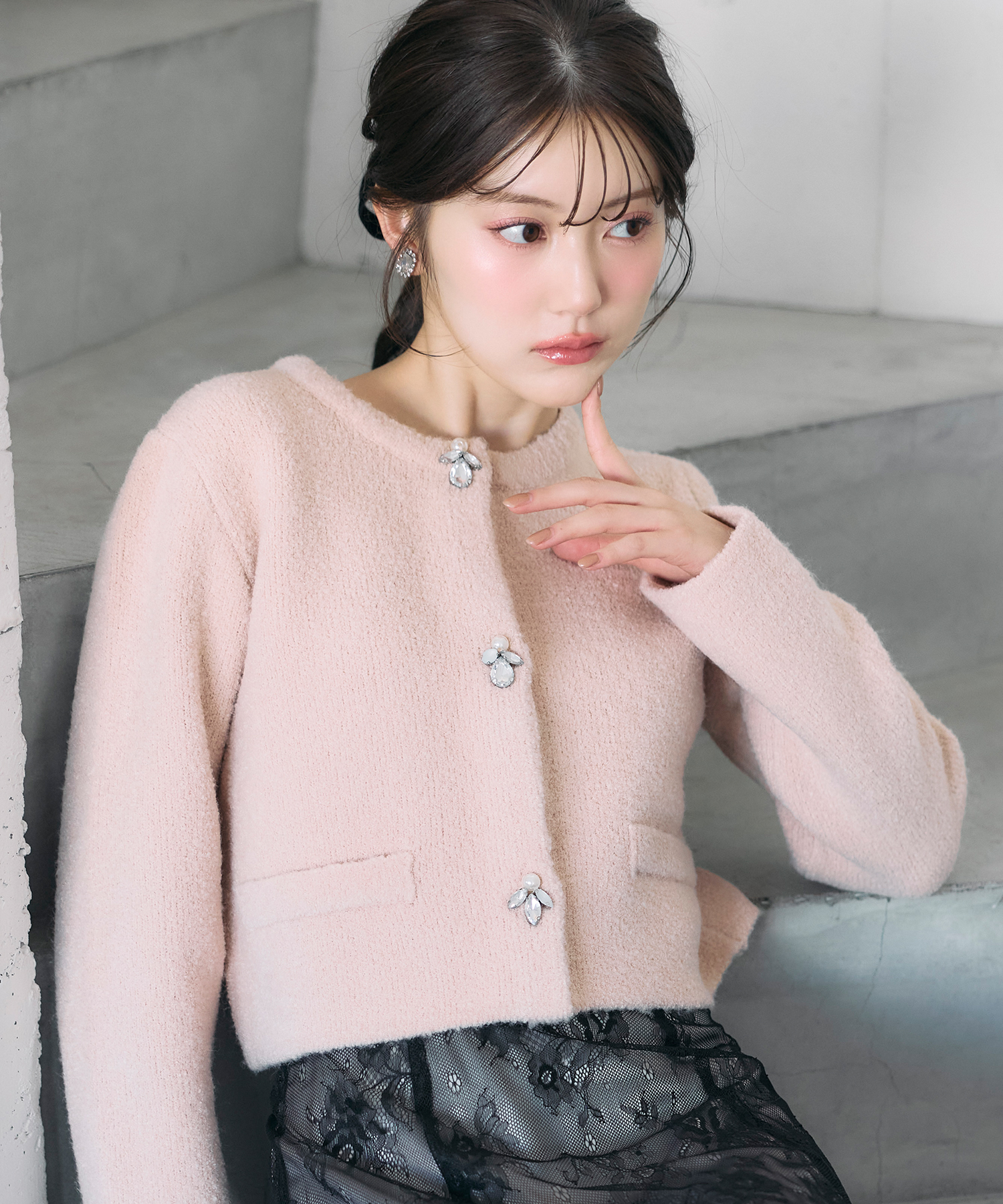 tocco トッコクローゼットパール＆ビジュー付きニットジャケット