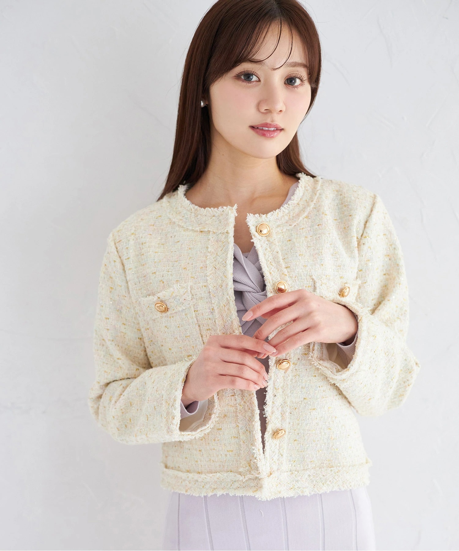 ゴールド釦スパンコールツイードジャケット  tocco closet(トッコクローゼット) ＊スペシャルプライス品につき返品/キャンセル/配送日指定不可/ラッピング不可/少量在庫のセールの為交換は出来かねる場合がございます。