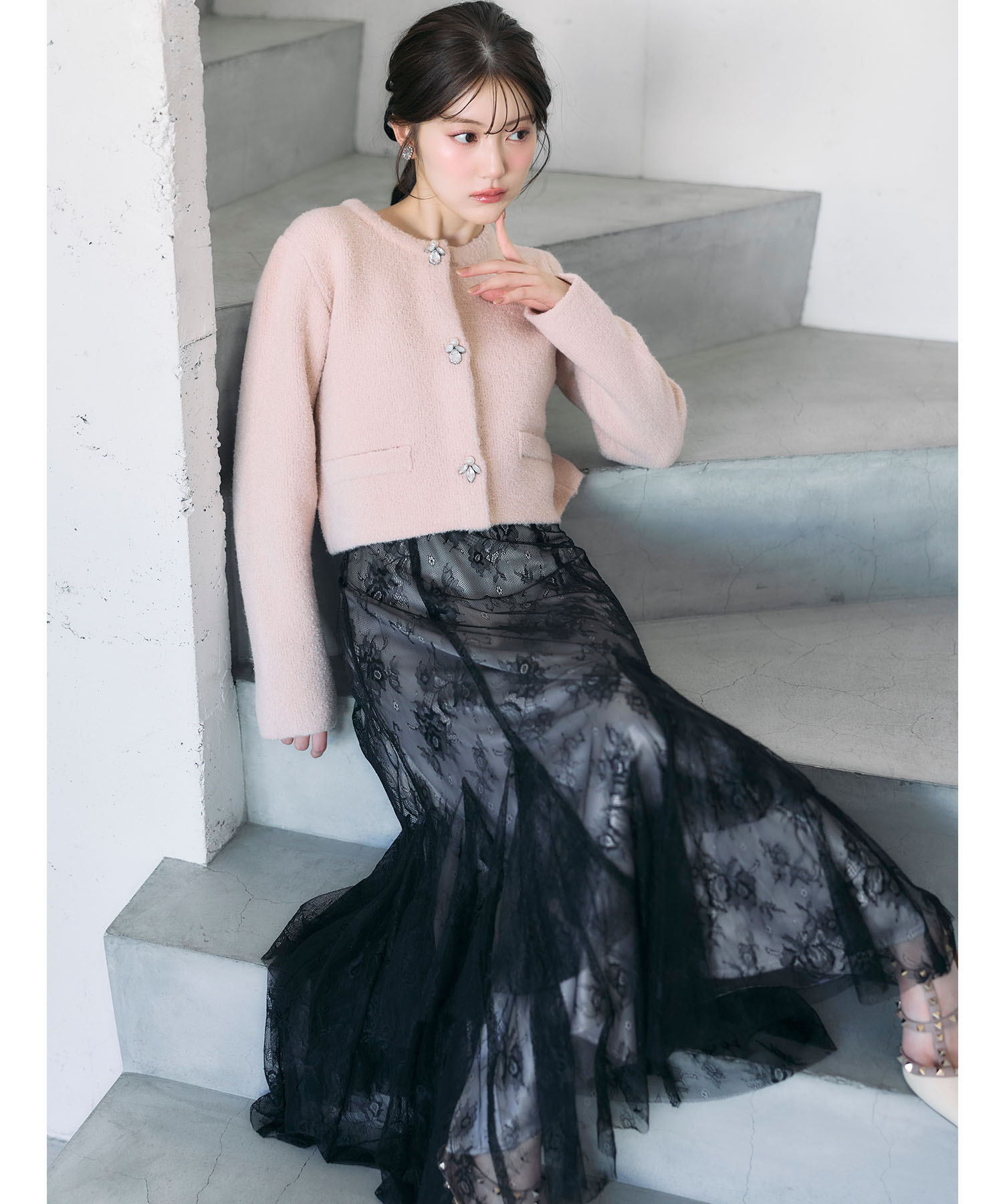 バックレースアップチュールレースティアードスカート tocco closet《RelaxWear》※中野恵那さんはブラック着用 ＊スペシャルプライス品につき返品/キャンセル/配送日指定不可/ラッピング不可/少量在庫のセールの為交換は出来かねる場合がございます。