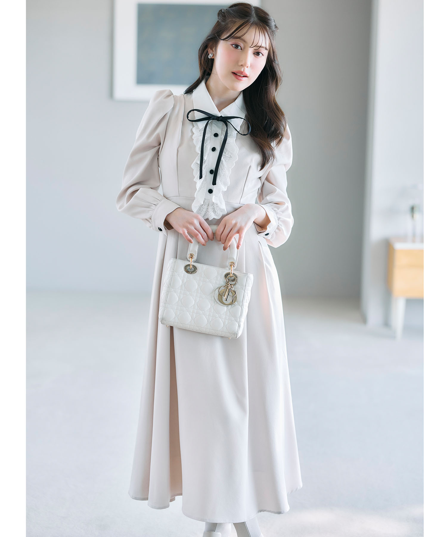 tocco トッコクローゼット リボン＆ラッフルレース付きバックレースアップシャツワンピース