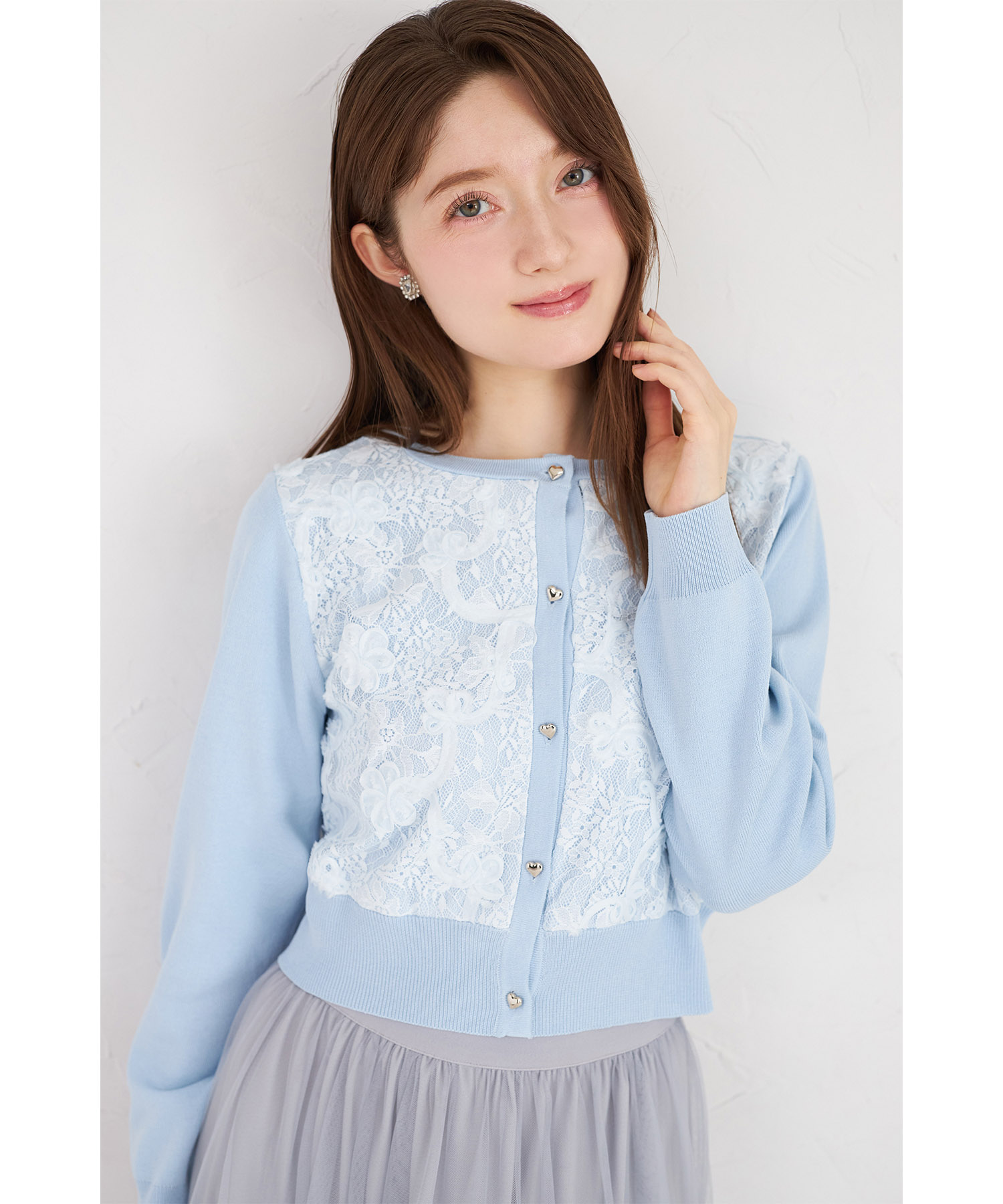 tocco リュクスな華やぎ♪ハートボタン立体フラワーレースドッキングニットカーディガン