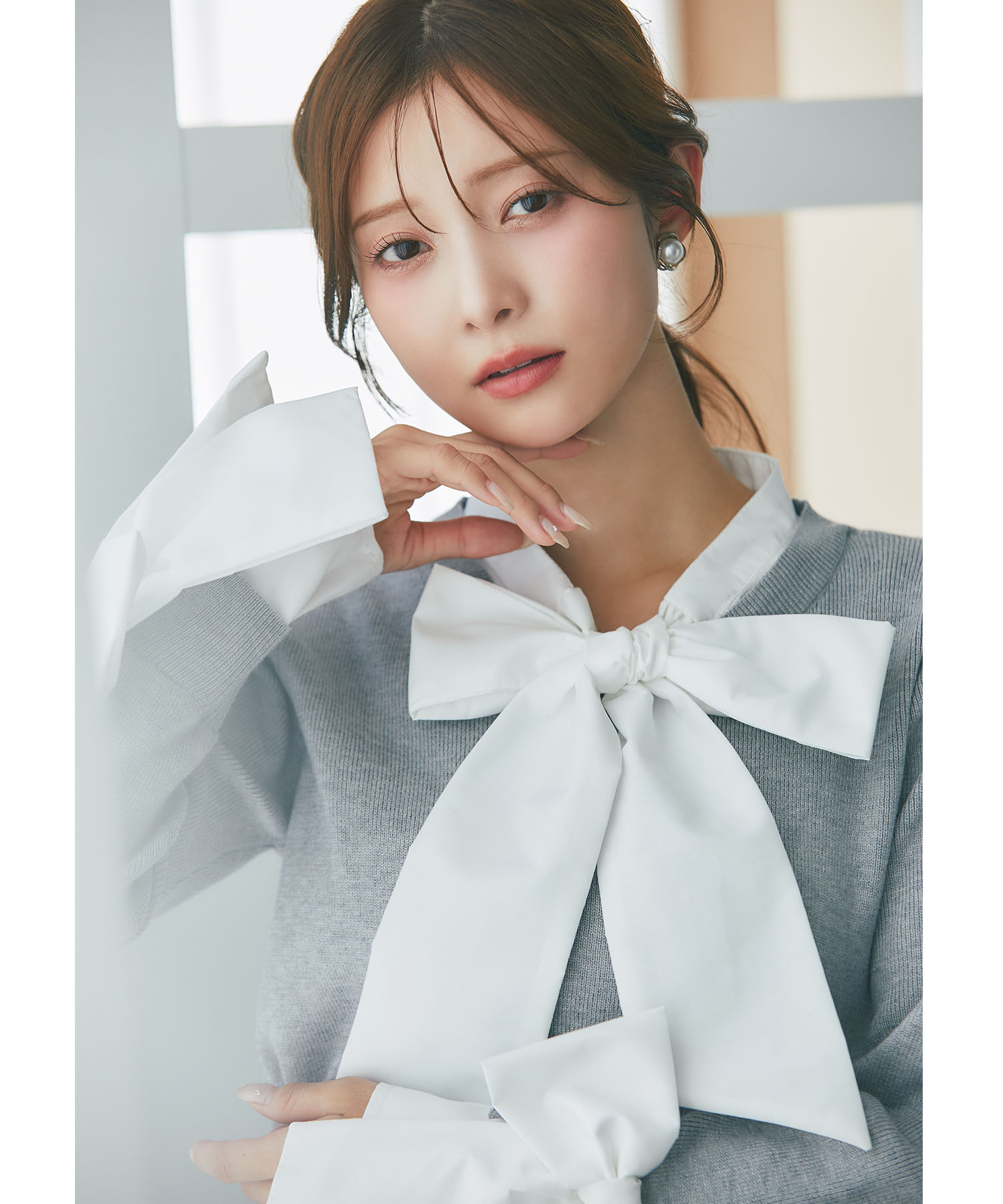 tocco トッコクローゼット　袖口リボン付きボウタイリボンドッキングニットプルオーバー