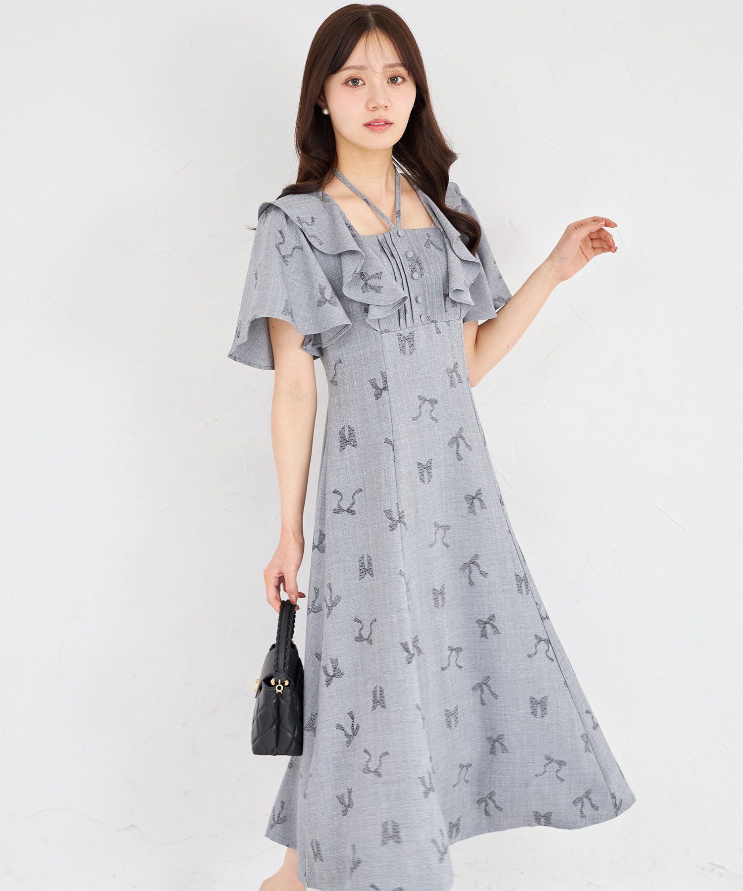 tocco トッコクローゼット　全方位モテを狙うネックリボン付きラッフルフリルリボンプリントワンピース