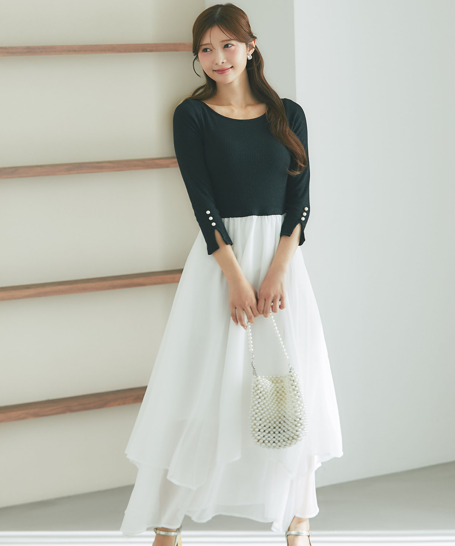 tocco トッコクローゼット　ラメリブカットソー×イレヘムレイヤードラメシフォンドッキングワンピース  