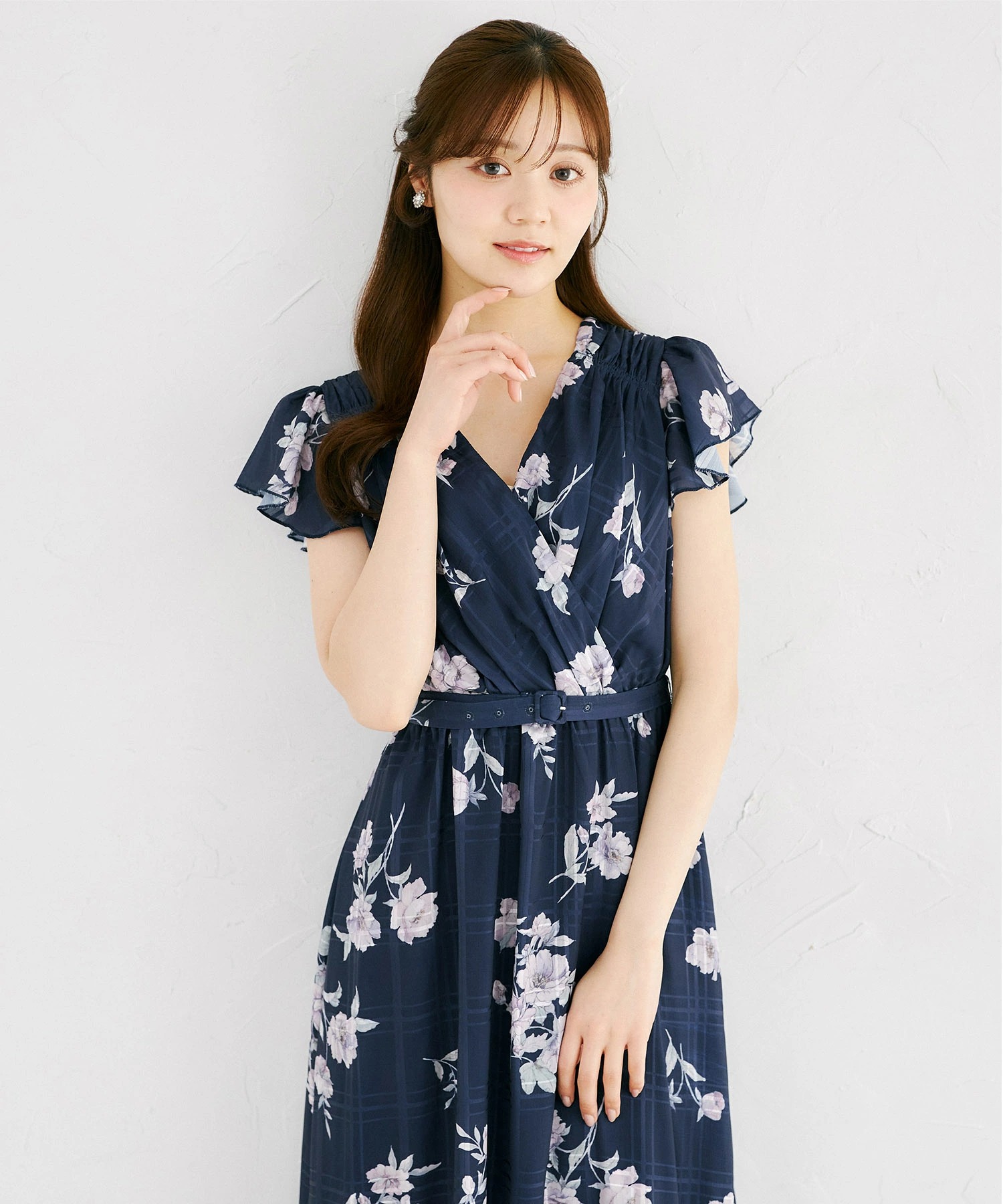 ベルト付きシアーチェック×フラワープリントカシュクールワンピース tocco closet(トッコクローゼット)　《Spring Onepiece Collection》