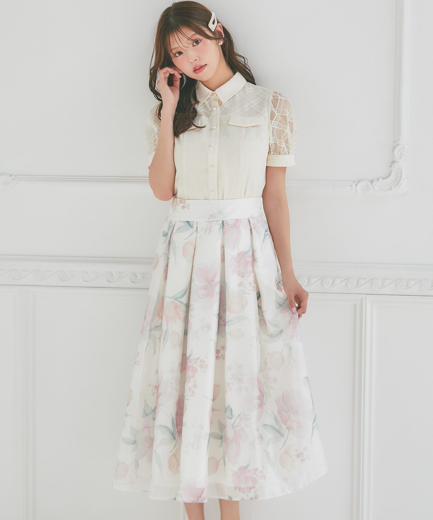 シアーフラワープリントタックフレアスカート 4月25日(土)再販決定☆  tocco closet(トッコクローゼット)※鈴木ゆうかさんはピンク着用