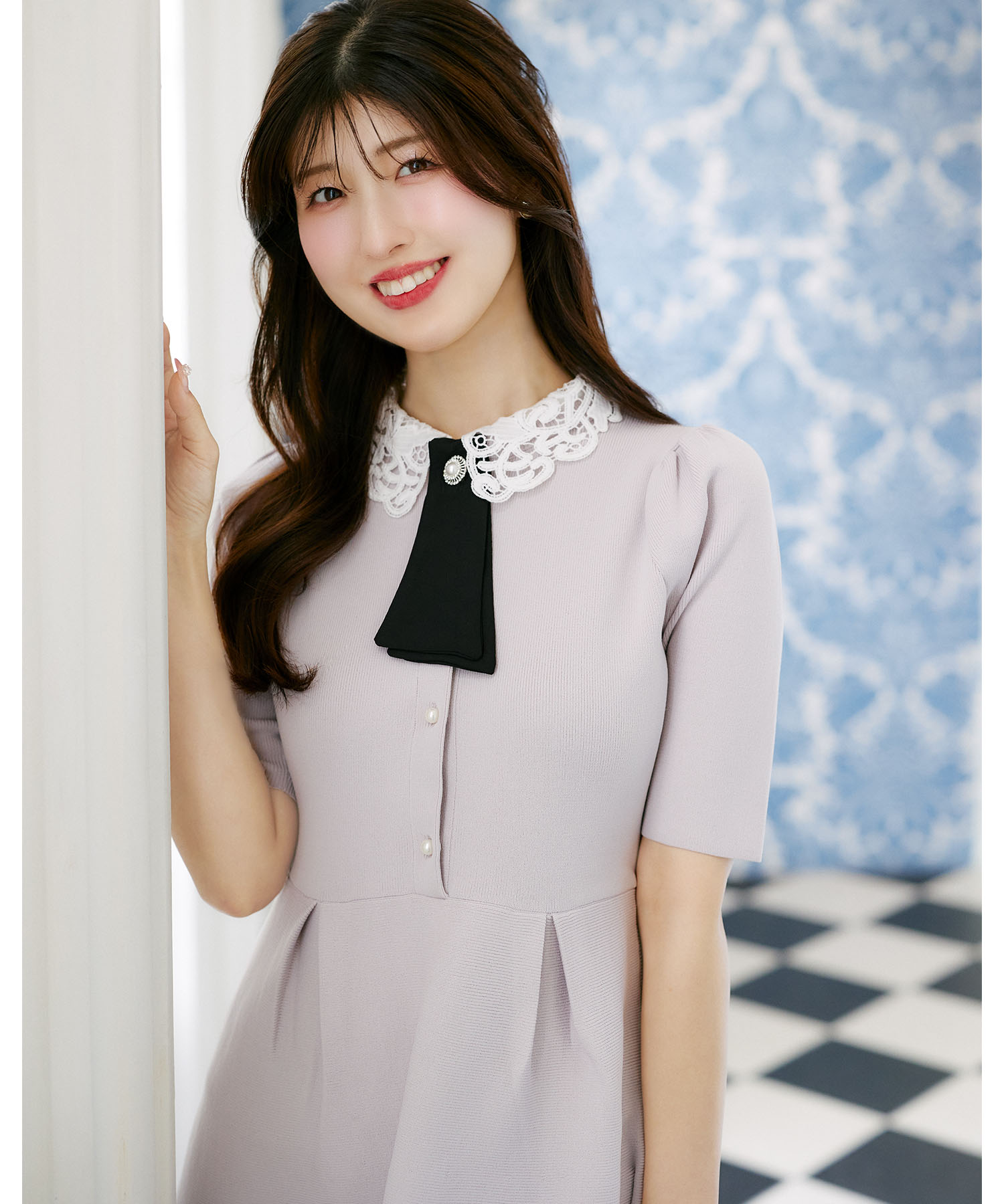 5月再販予定！入荷連絡受付中☆マルチＷＡＹボウタイ＆レース襟付きパール釦ニットワンピース tocco closet(トッコクローゼット)《門脇伶奈さん(@kadowakireina)コラボ》