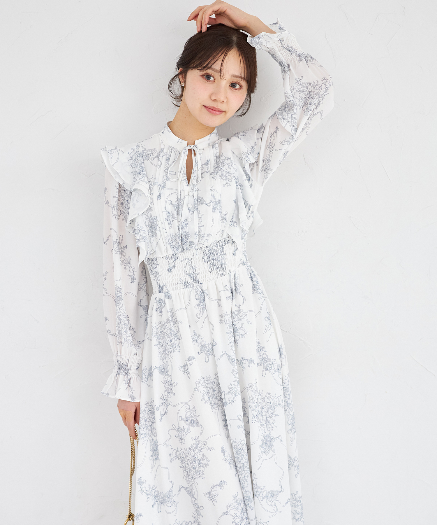 3月販売予定！入荷連絡受付中☆ラインフラワー×リボンプリントラッフルフリルワンピース《RibbonCollection》