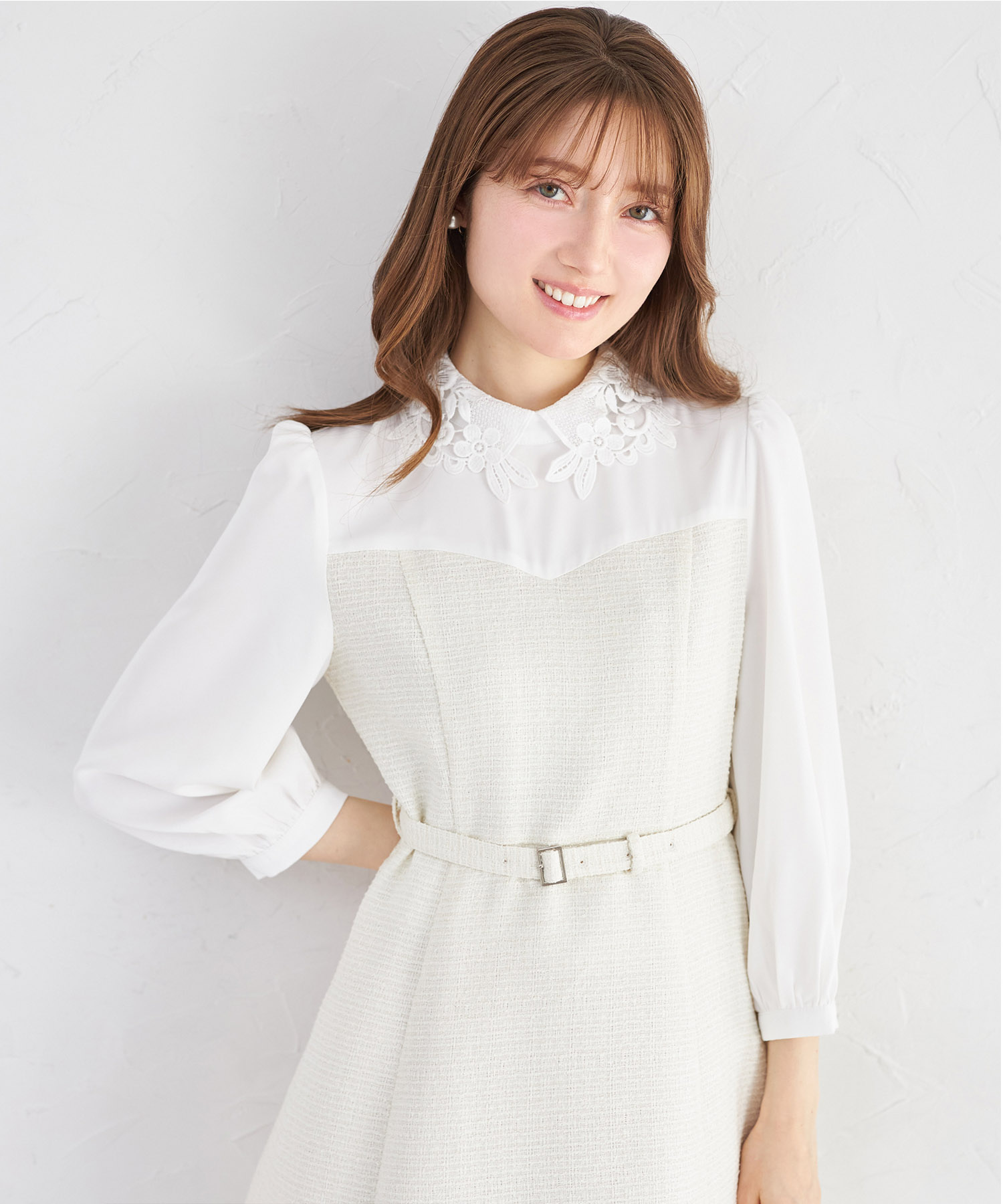 tocco トッコクローゼット　フラワーレース襟付きツイードドッキングワンピース