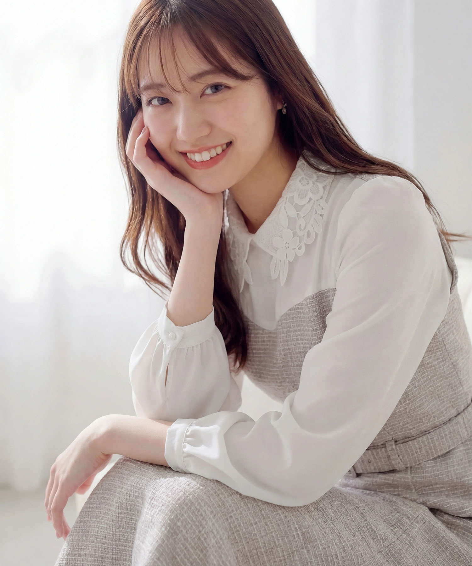 tocco トッコクローゼット　　
フラワーレース襟付きツイードドッキングワンピース