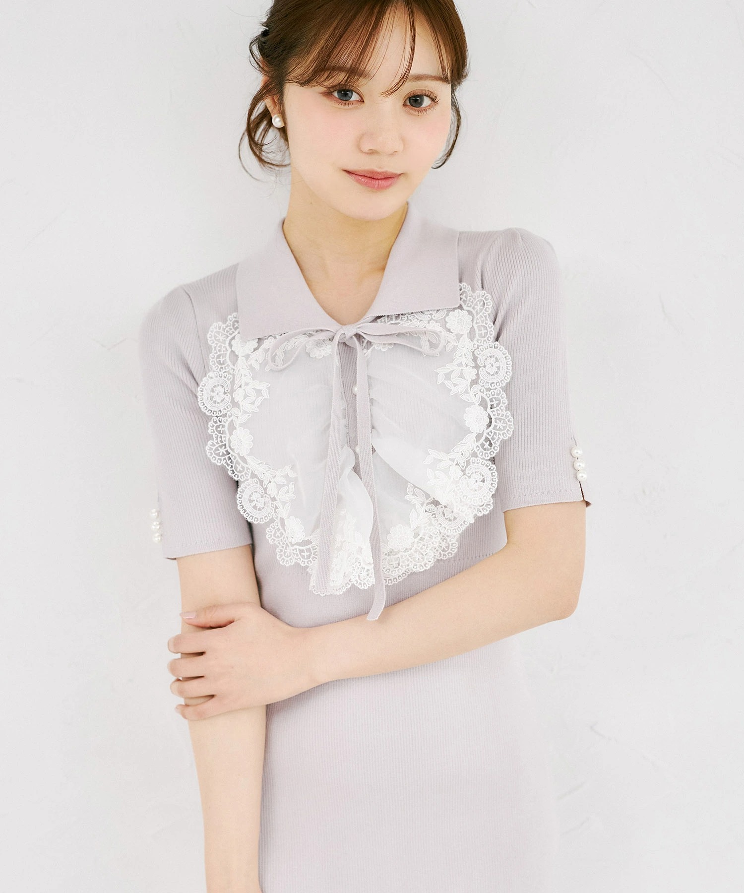 襟＆リボン＆パール付きレースフリル装飾ニットワンピース 4月9日(木)再販決定☆tocco closet(トッコクローゼット)《Spring Onepiece Collection》