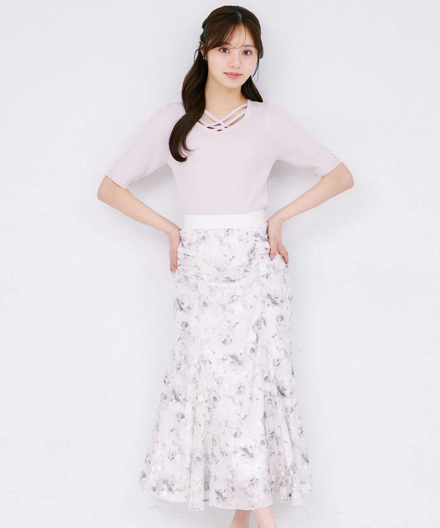 tocco トッコクローゼット　
フラワープリントストレッチレースギャザーマーメイドスカート