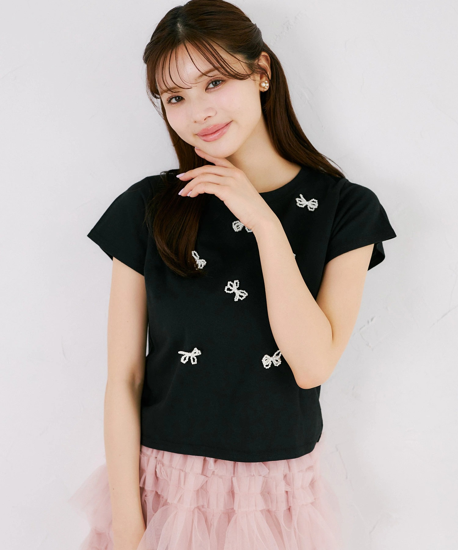tocco トッコクローゼット　
パールリボン付きＴシャツ