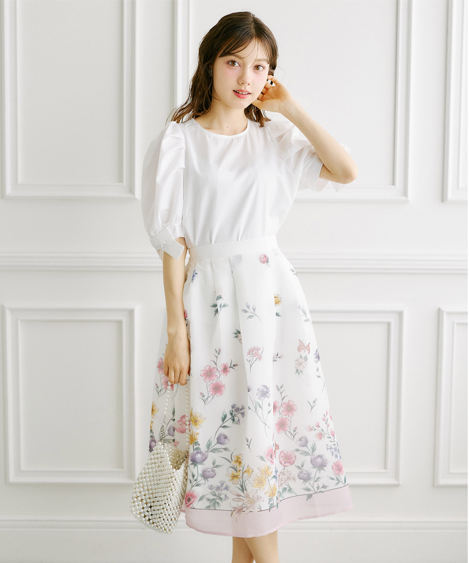 tocco トッコクローゼット　
ラメオーガンジーパネルフラワータックフレアスカート