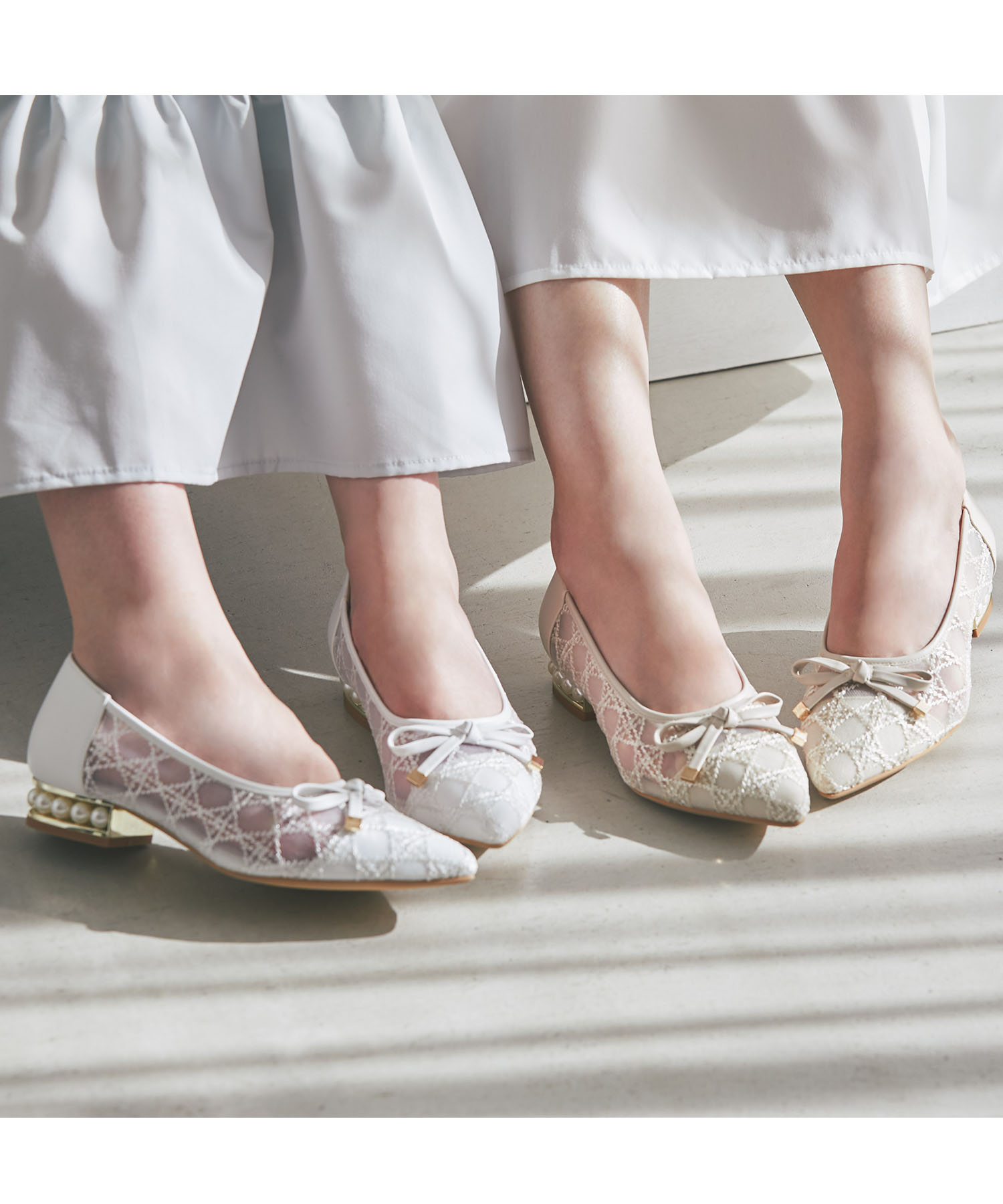 4月末～5月販売予定！入荷連絡受付中☆リボン付きシアーチェック刺繍ヒールパールパンプス※高松瞳さんはグレージュ、野口衣織さんはオフホワイト着用