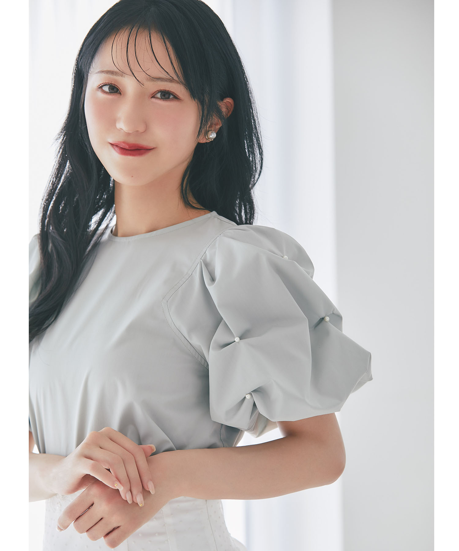 tocco トッコクローゼット　パール付きタックボリュームスリーブブラウス