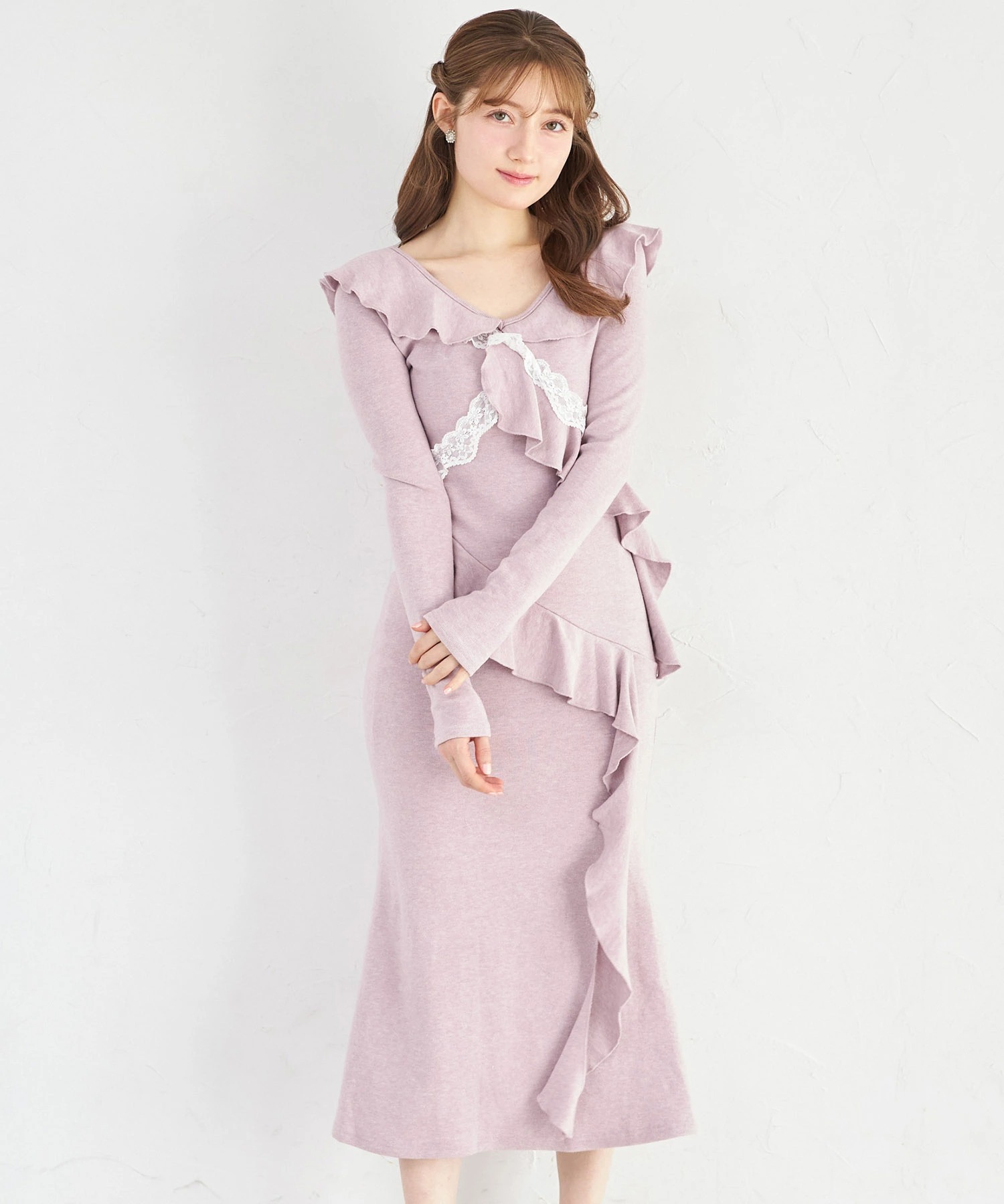 tocco トッコクローゼット　ウエストリボン付きレース×ラッフルフリルニットソーワンピース