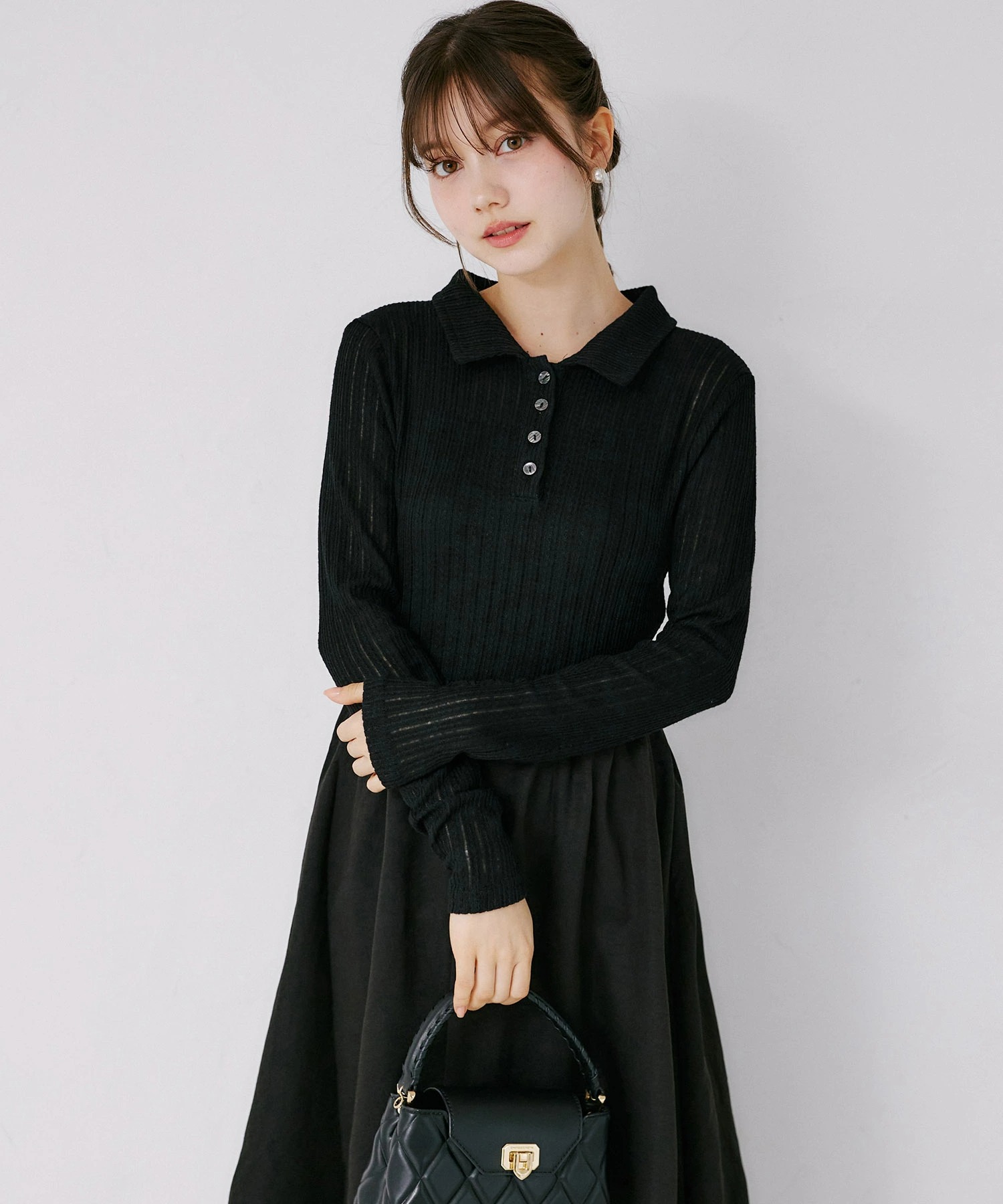 tocco トッコクローゼット　
ウエストリボン付きポロニットドッキングワンピース