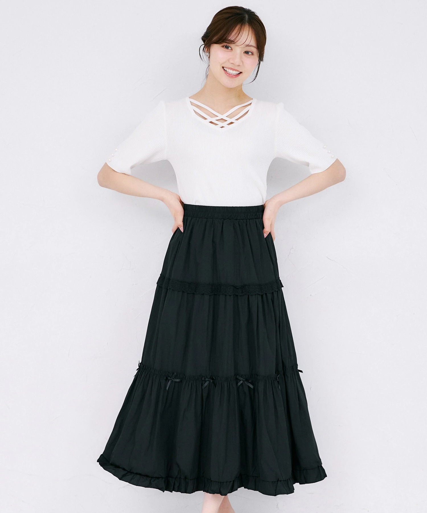 tocco トッコクローゼット　
レース×リボンコットンティアードスカート 