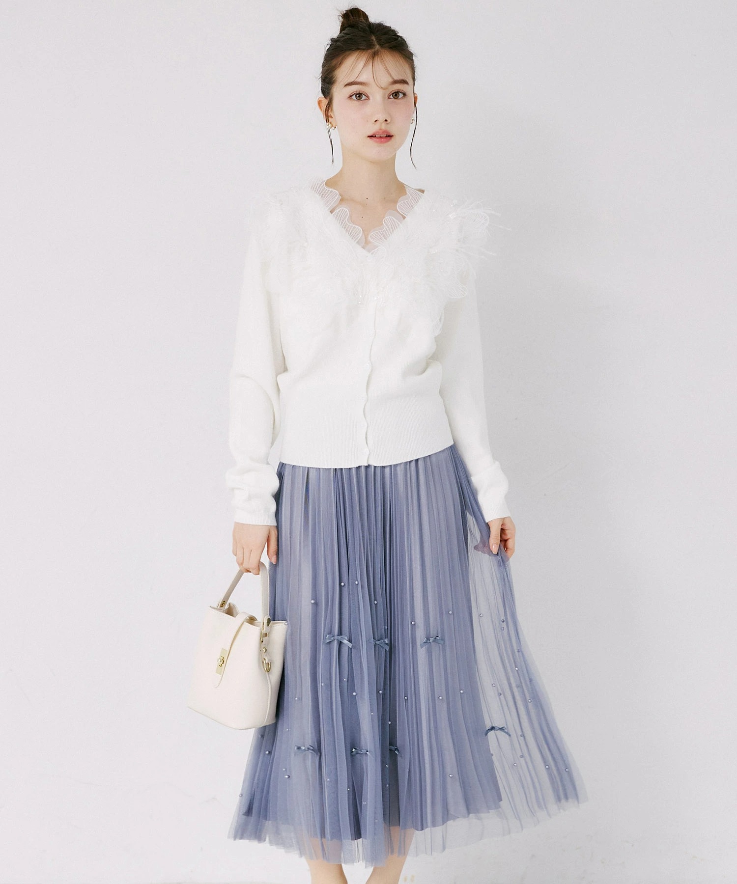 tocco トッコクローゼット　
リボン＆パール付きチュールプリーツスカート