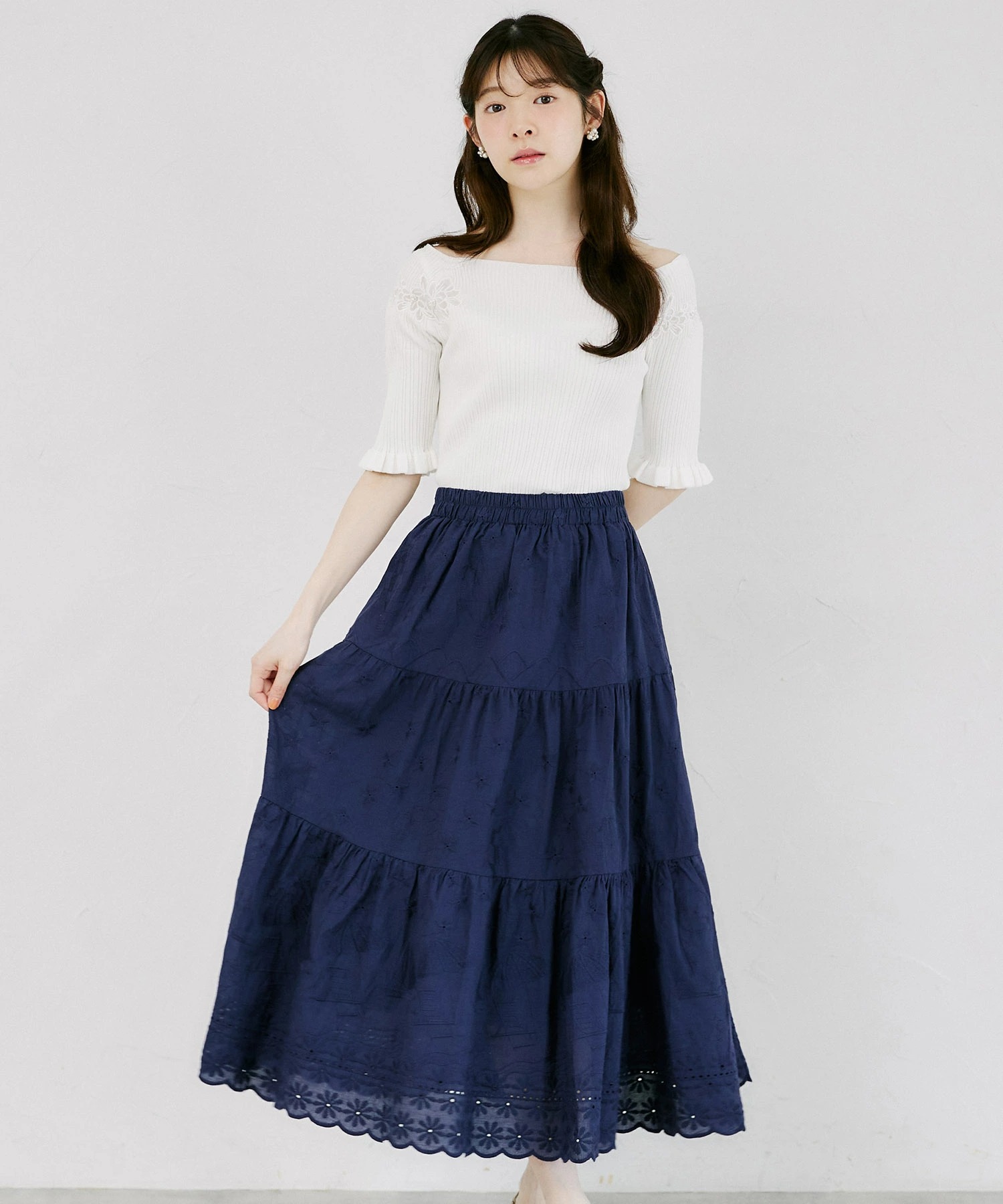 tocco トッコクローゼット　風景モチーフパネルコットンレースティアードスカート