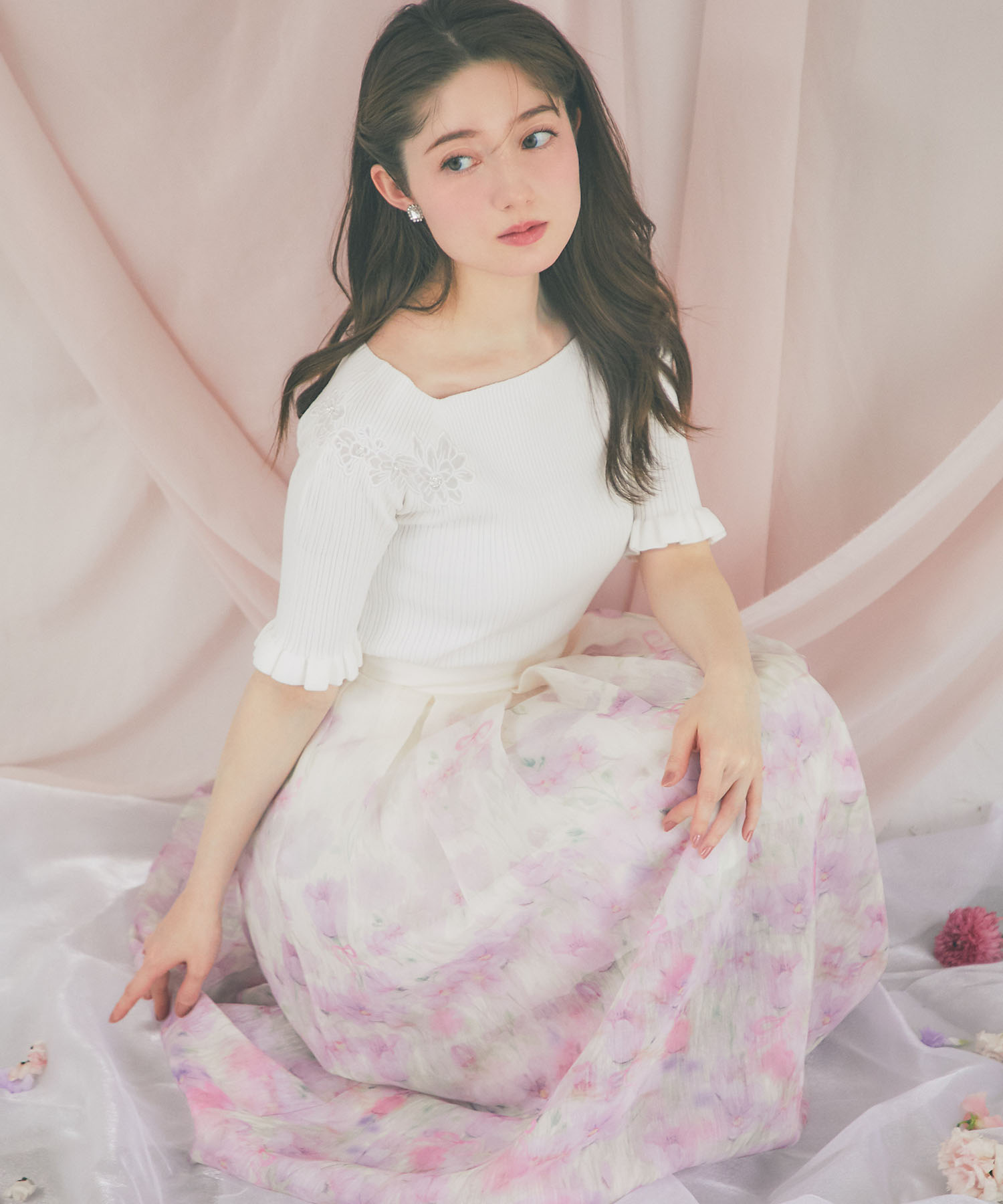 tocco トッコクローゼット　　
リボンミックスパネルフラワーシアータックフレアスカート