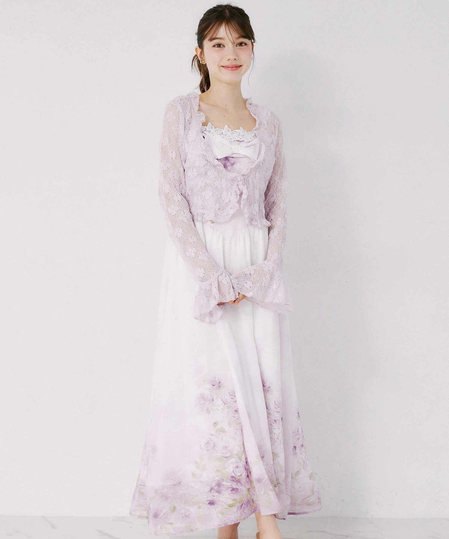 tocco トッコクローゼット　
フリルレースボレロ×リボンレース装飾フラワーパネルプリントワンピースセット