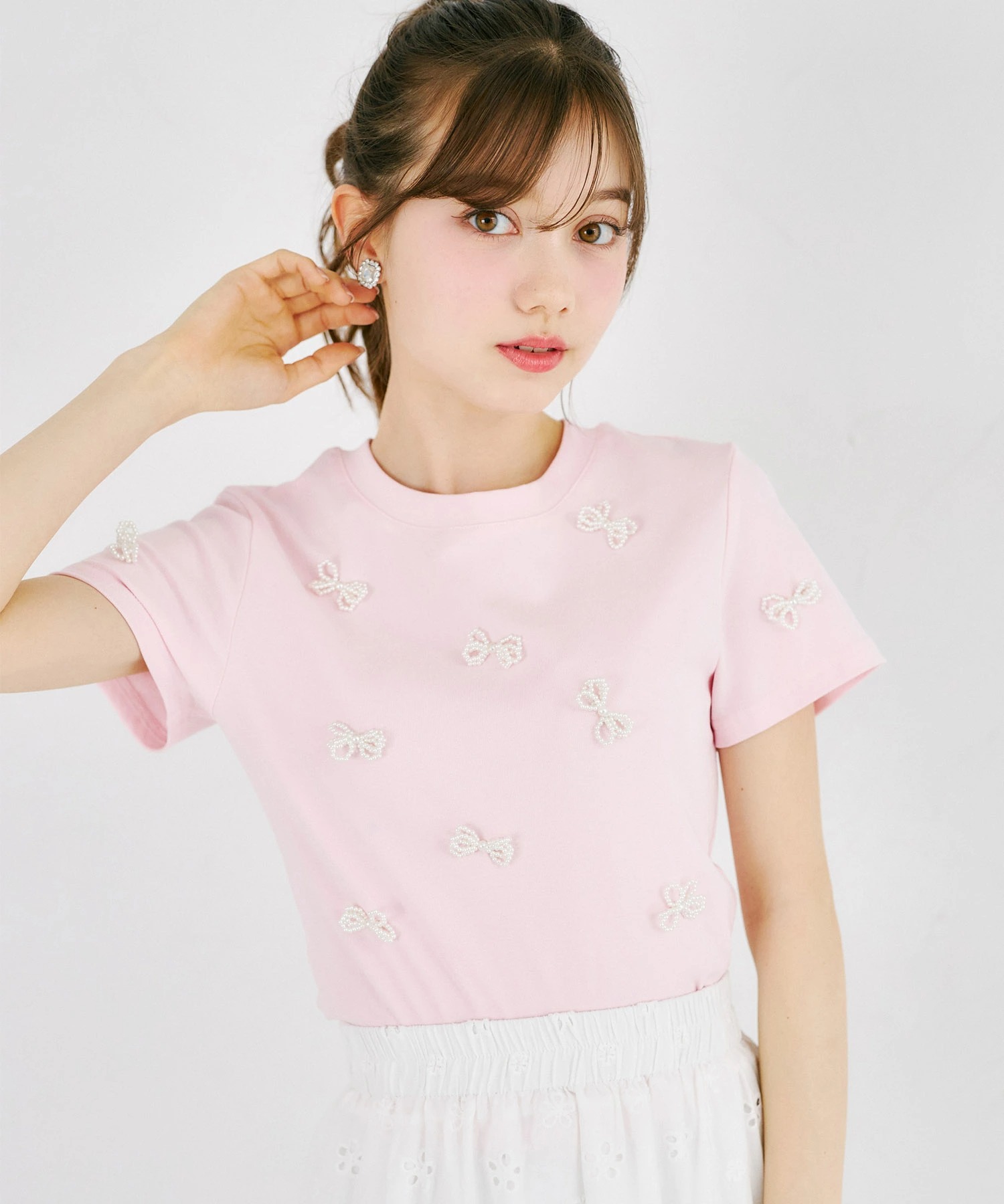 tocco トッコクローゼット　ミニパールリボン付きＴシャツ