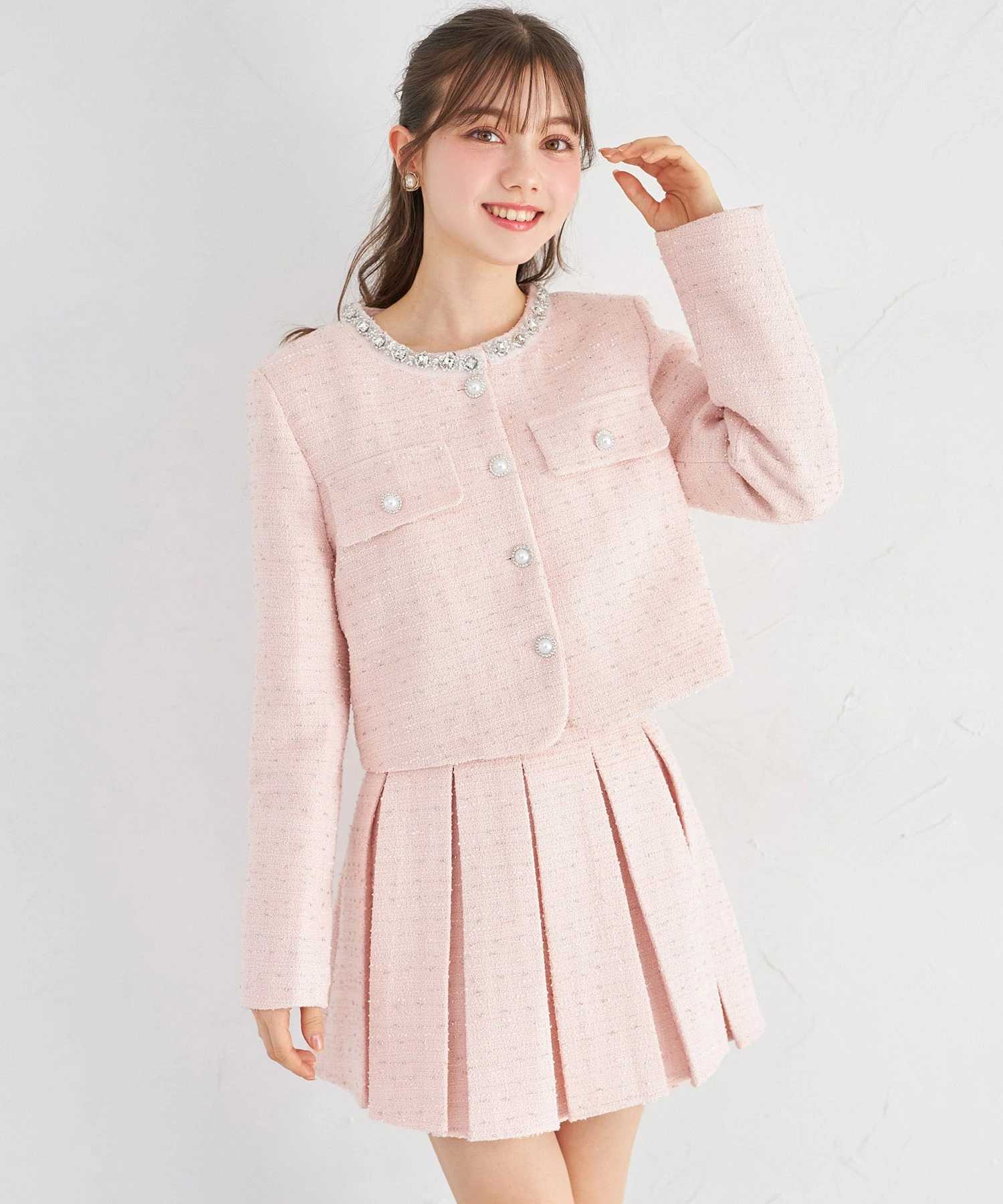 tocco トッコクローゼット　スプリングフェザー付きツイードジャケット×ミニスカートセットアップ