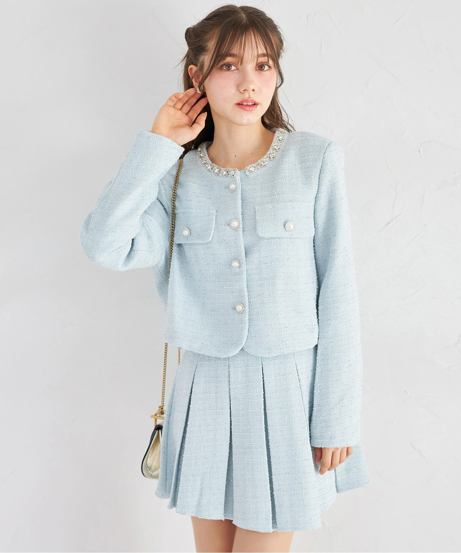 スプリングフェザー付きツイードジャケット×ミニスカートセットアップ tocco closet(トッコクローゼット)