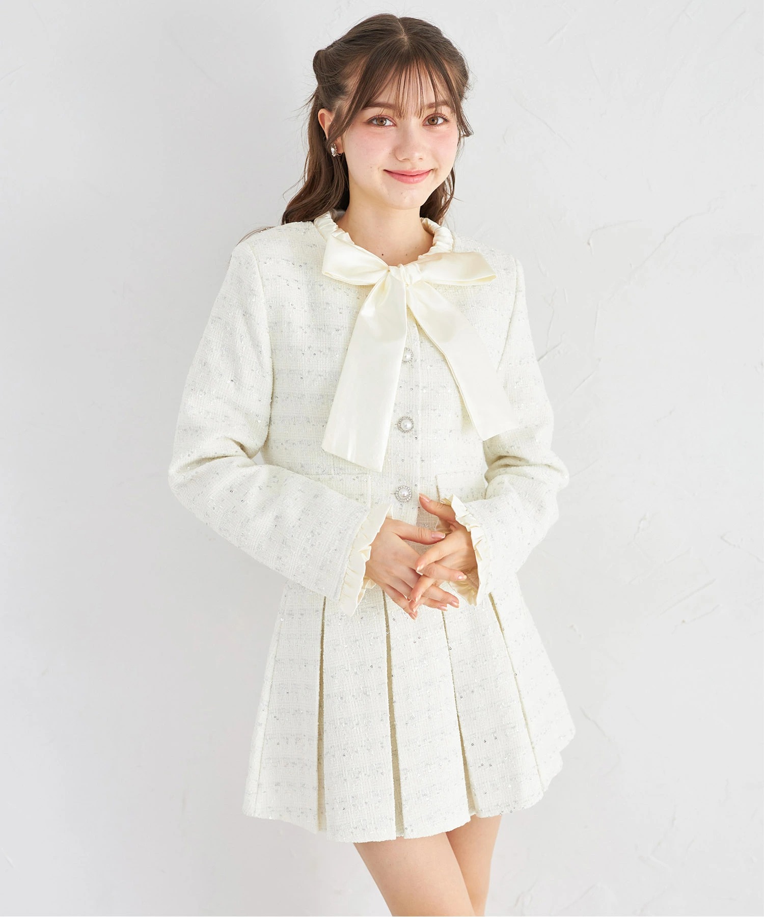 ボウタイリボン付きスパンコールツイードジャケット×ミニスカートセットアップ  tocco closet