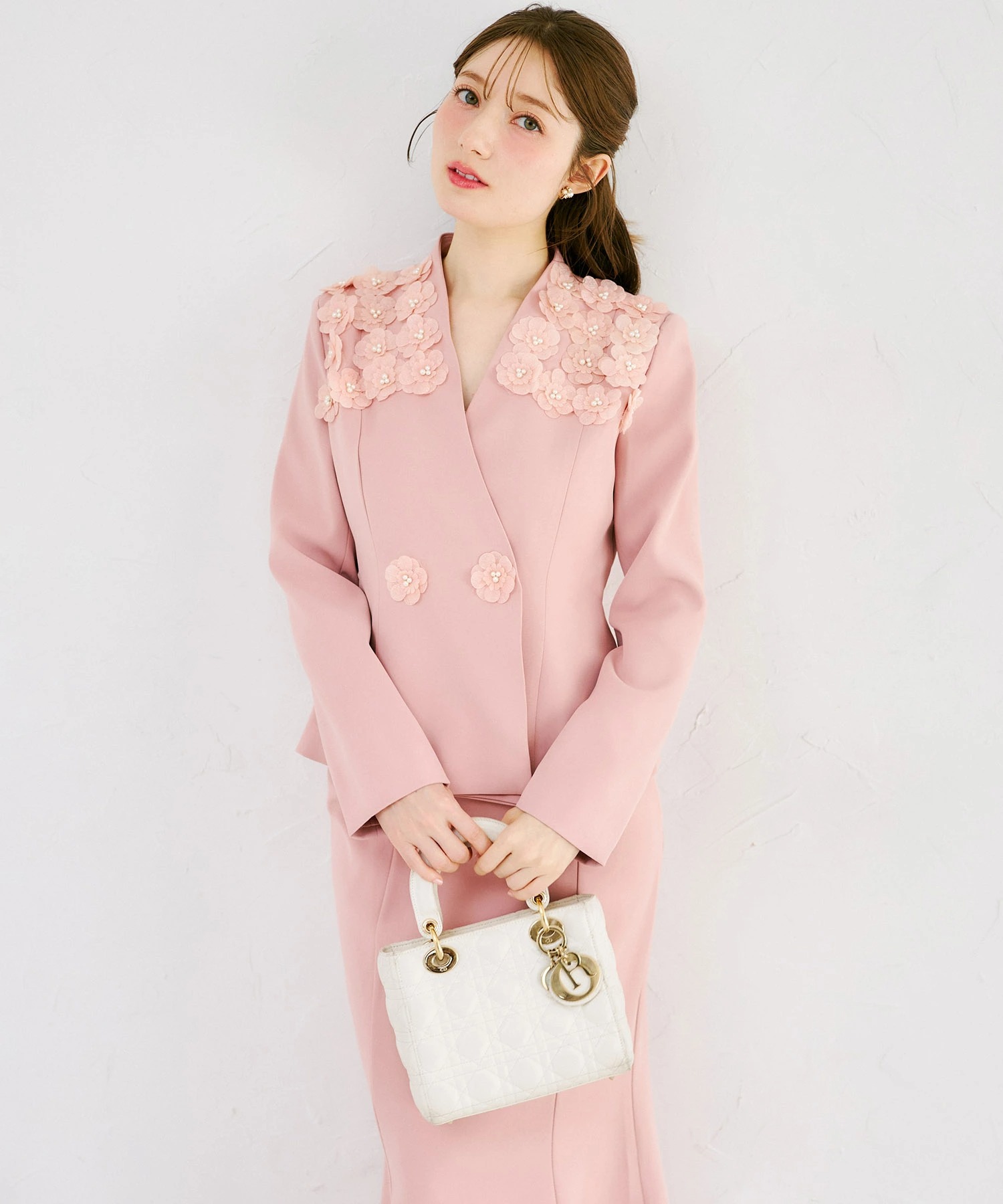 tocco トッコクローゼット　立体フラワーモチーフ付きジャケット×マーメイドスカートセットアップ