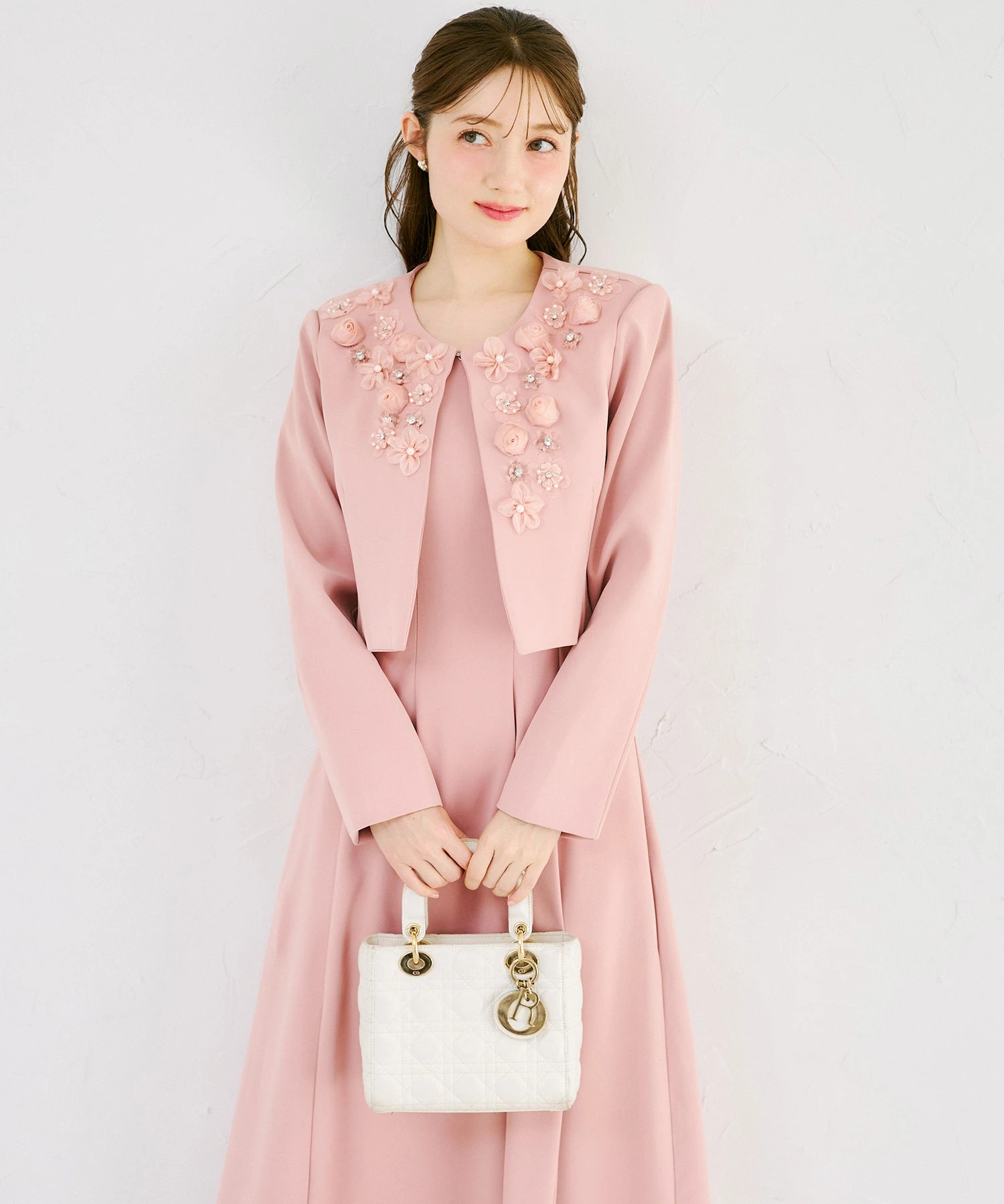 tocco トッコクローゼット　立体フラワーモチーフ付きジャケット×ノースリーブワンピースセットアップ 