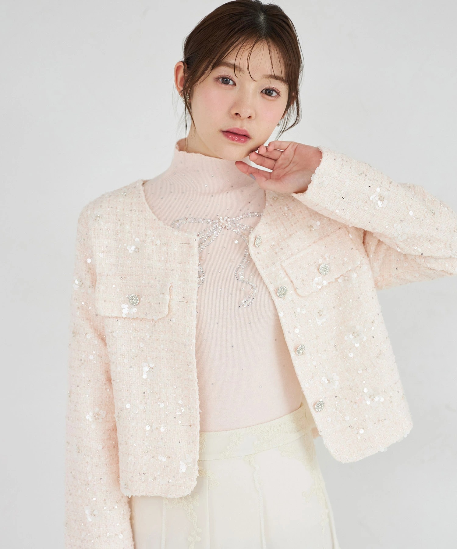 tocco トッコクローゼット　フラワービジュー釦スパンコールツイードジャケット