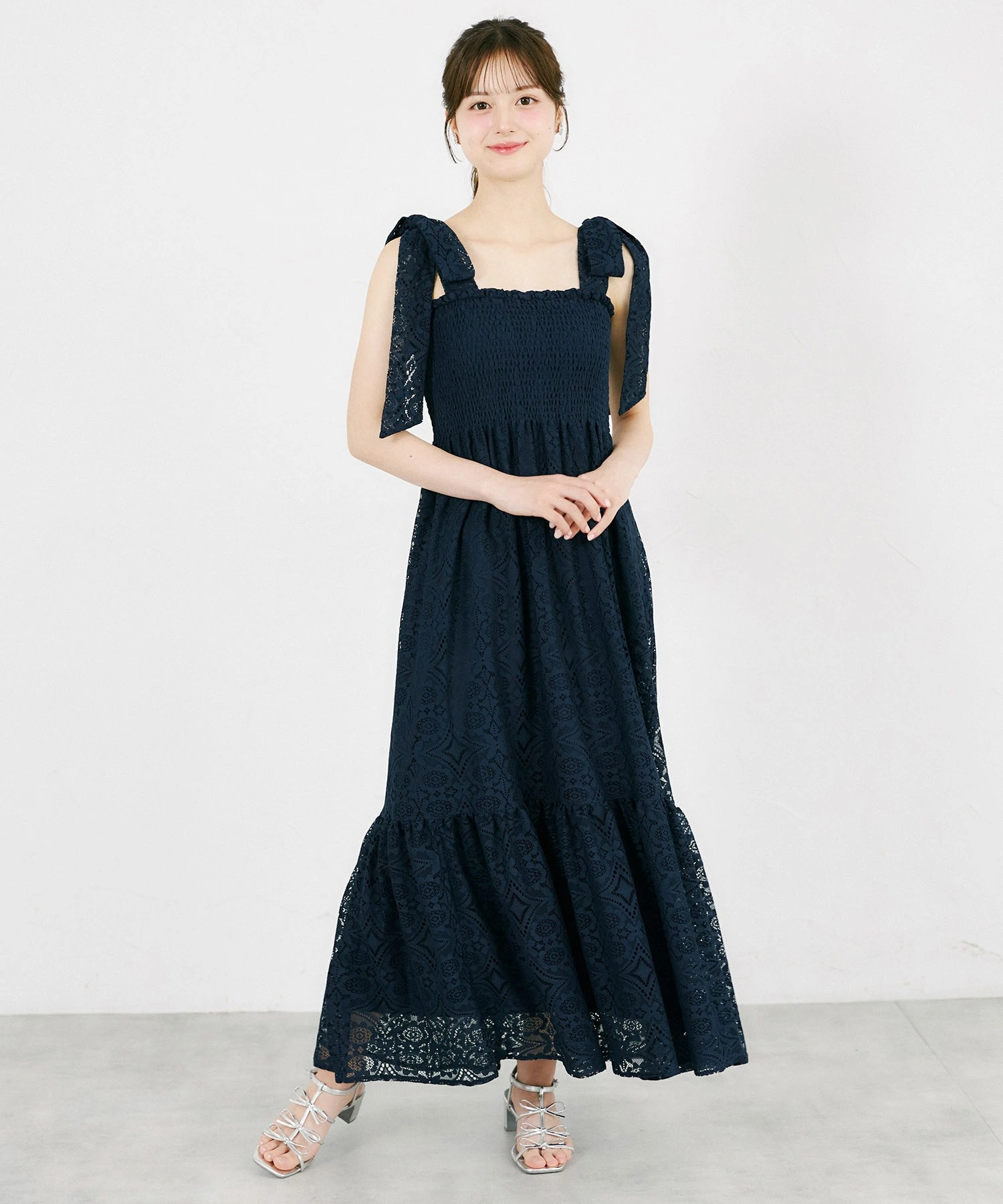 tocco トッコクローゼット　肩リボン付きレースシャーリングワンピース