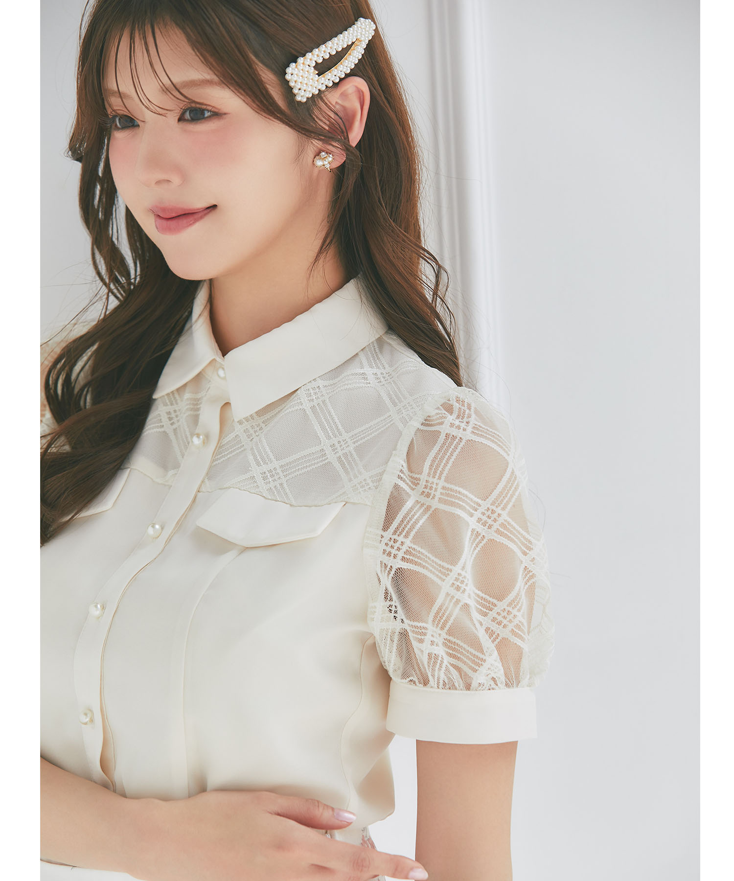 tocco トッコクローゼット　パール釦シアーチェック切り替えブラウス