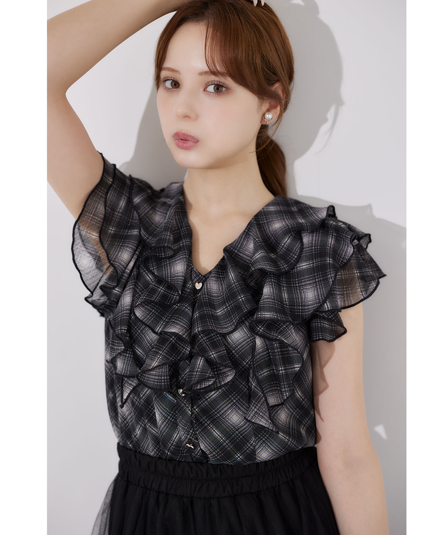 tocco トッコクローゼット　
ハート釦シャドーチェックラッフルフリルブラウス