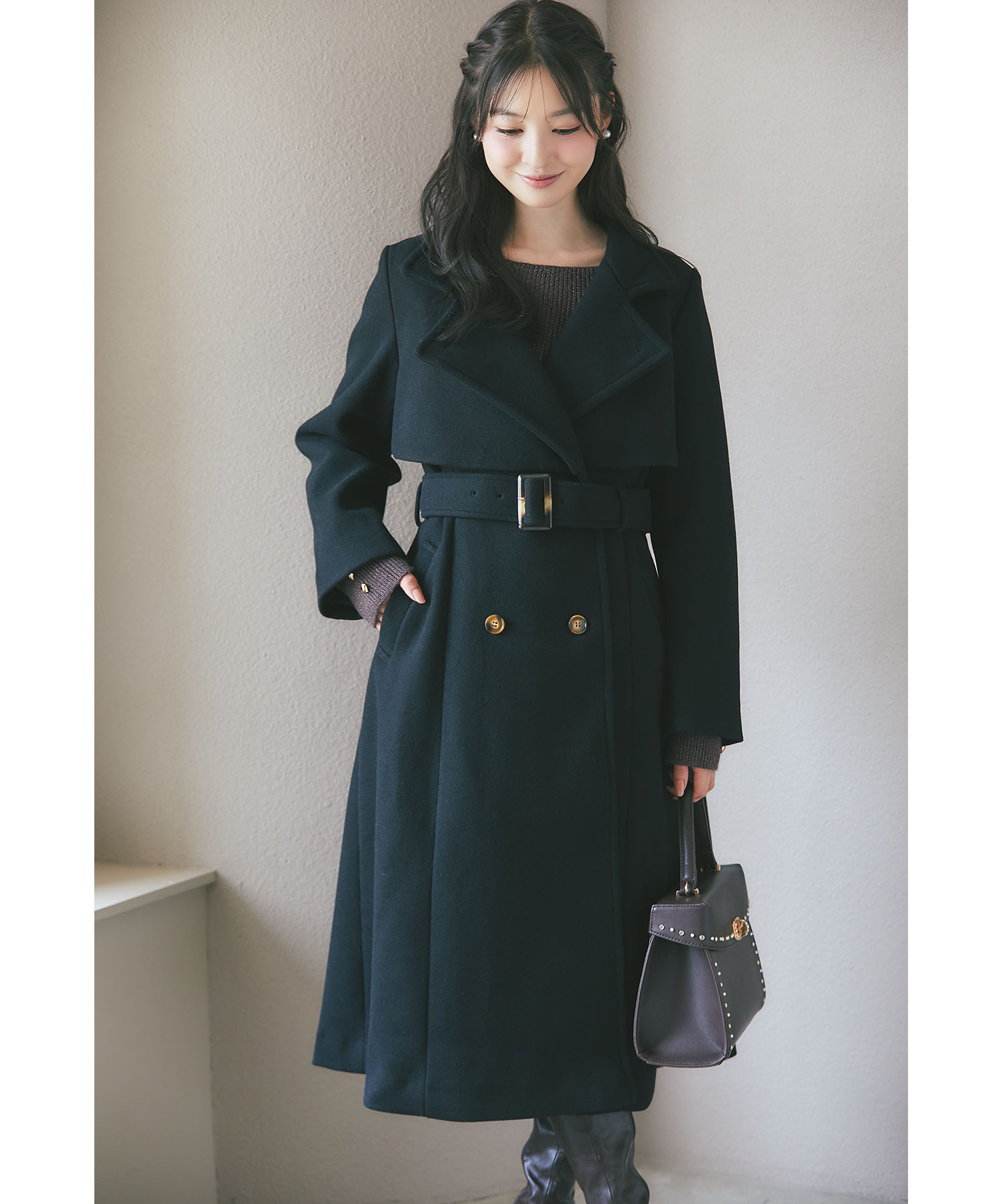tocco トッコクローゼット　２ＷＡＹスロートタブ付きスタンドネックベルテッドロングコート