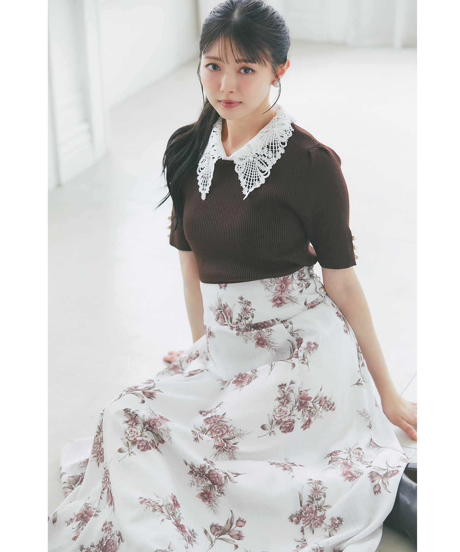 tocco トッコクローゼット　
【Ｓ・Ｍサイズ展開】マルチＷＡＹリボン付きシアーチェックフラワープリントフレアスカート